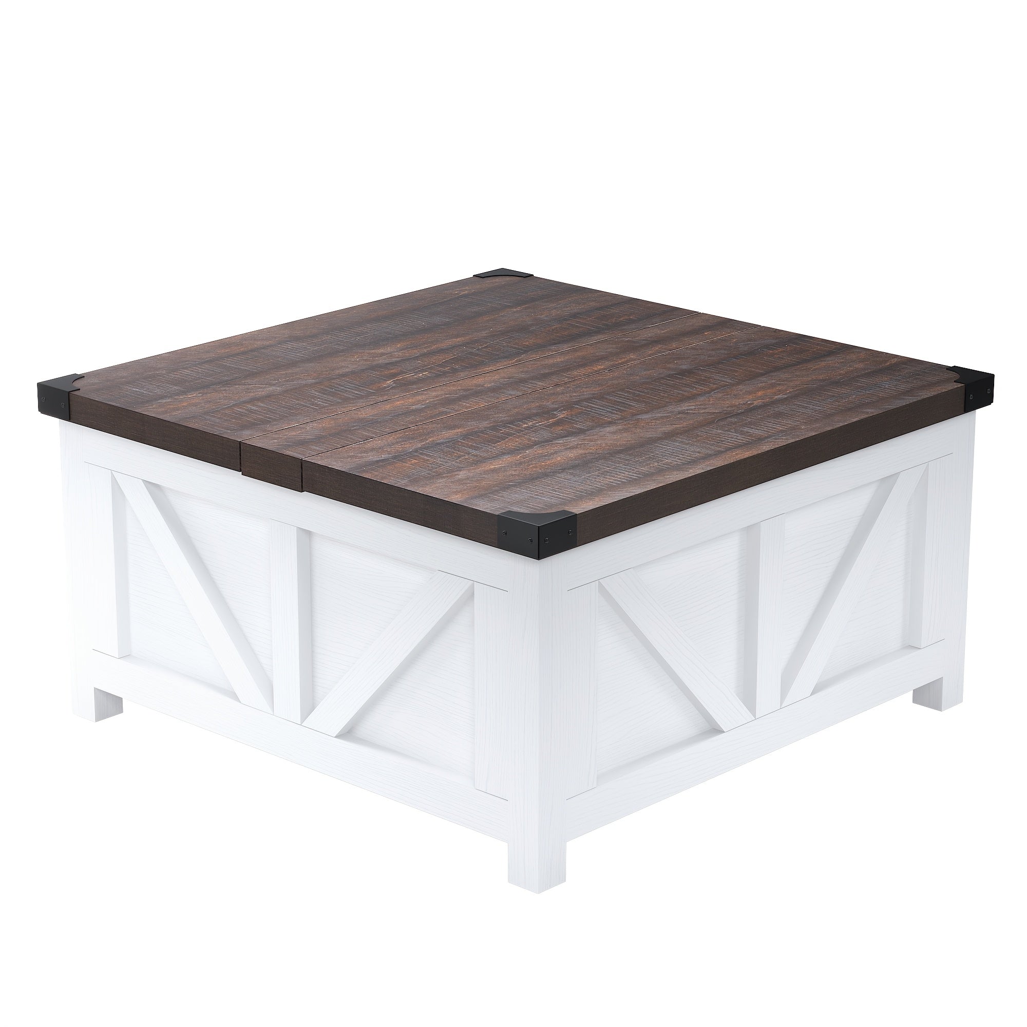 Farmhouse Lift Top Coffee Table With Power Outlets And Large Hidden Storage, Square Wood Living Room Tables, Multi-Function Lift Wooden Barn Door Center Table