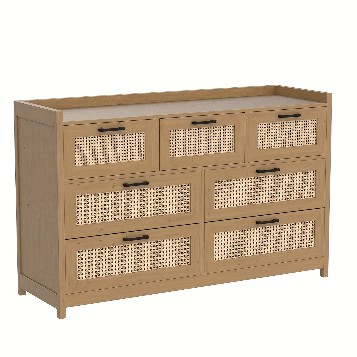 Modern Rattan 7-Drawer Dresser with Metal Handles - Spacious Storage Chest for Bedroom, Living Room, or Hallway