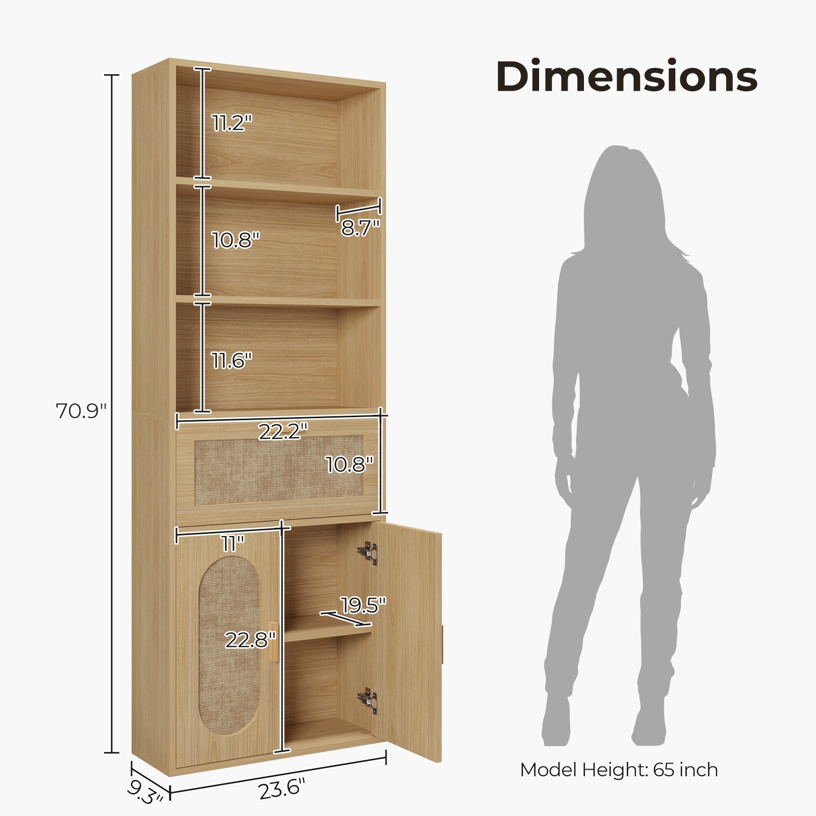 Modern 6-Tier Wooden Bookshelf with Rattan Doors - Adjustable Shelves, Freestanding Display & Storage Cabinet for Living Room and Bedroom