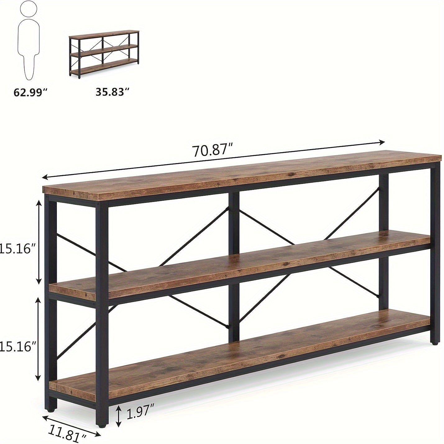 Extra Long Console Table, 3-Tier Narrow Sofa Table with Metal Frame and X-Shaped Support for Living Room and Hallway (Dimensions in cm)