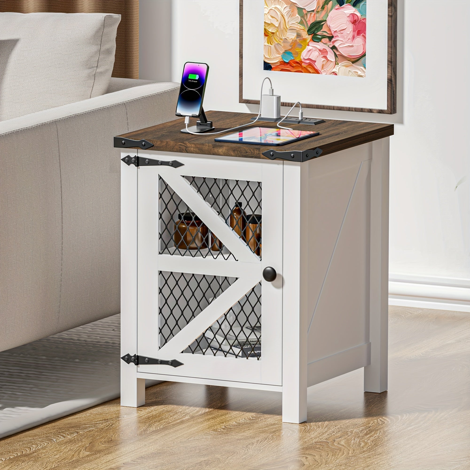 Chic 46cm Farmhouse Side Table with Charging Port - Rustic Wire Mesh Barn Door Design, White Nightstand with Adjustable Shelf for Bedroom & Living Room