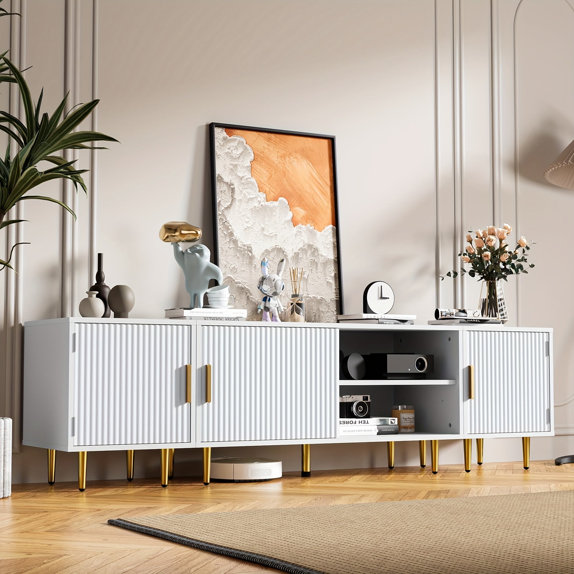 Elegant White 3-in-1 Adjustable TV Stand with Fluted Waveform Door - Modern Entertainment Center Featuring 2 Movable Storage Cabinets, Perfect for 50/60/70/80 Inch TVs - Ideal for Living Room & Bedroom