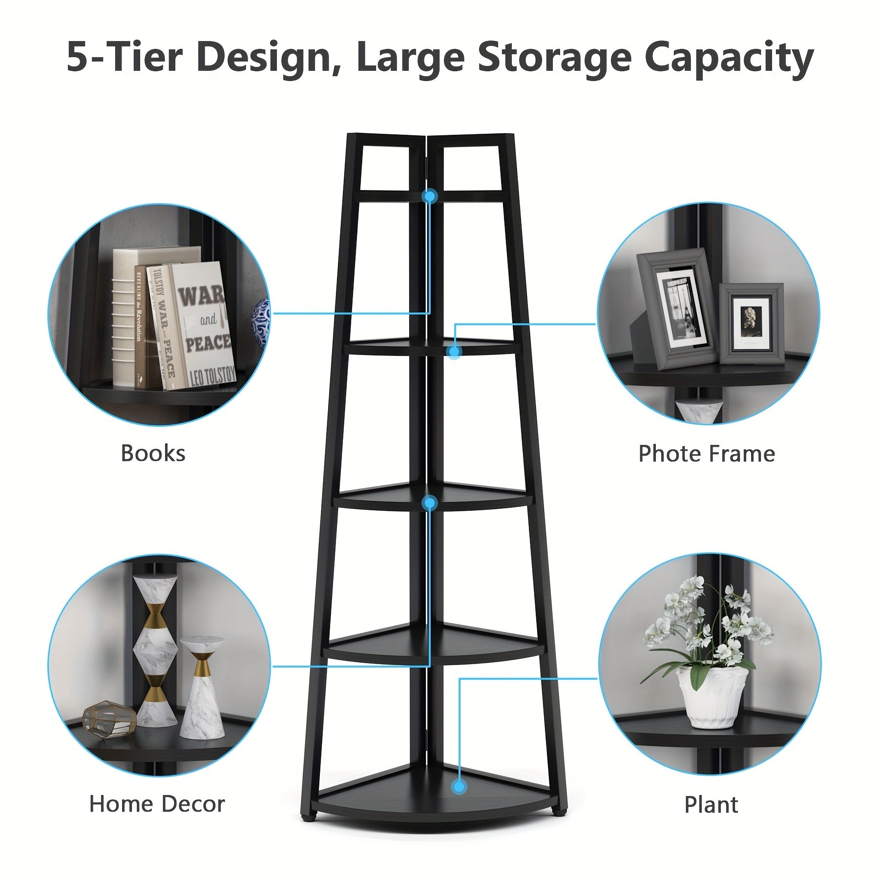 5-Tier Corner Bookshelf, 177cm Book Standing Shelving Unit, Indoor Plant Stand for Home Office, Black