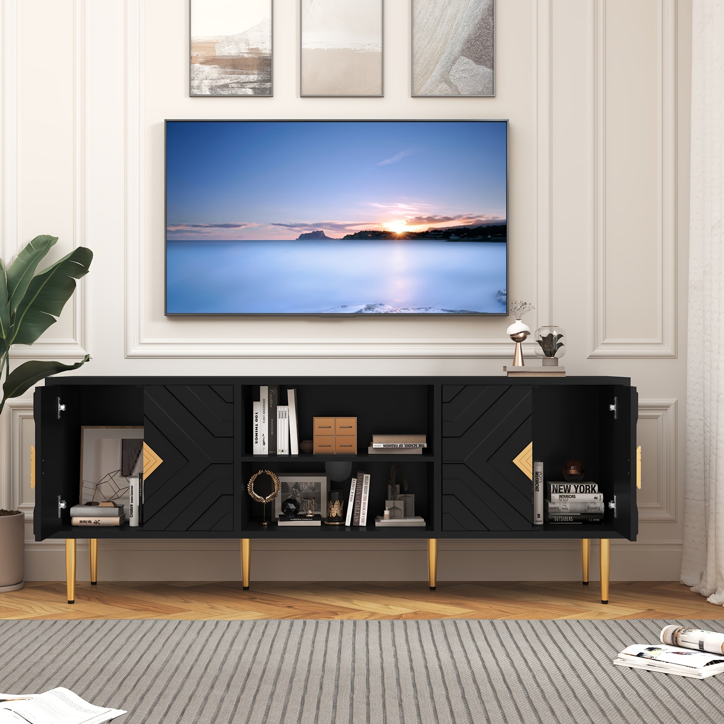 TV Stand For 65/70/75 Inch TV, Entertainment Center With Storage Cabinets And Embossed Pattern Doors, Mid Century Modern Media TV Console Table For Living Room Bedroom