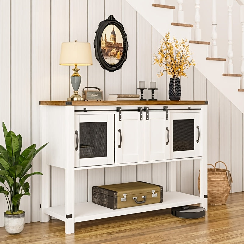 Coffee Bar Table with Storage, Farmhouse Buffet Cabinet with Sliding Barn Door, 119.4 cm Console Table with Metal Mesh Doors, Coffee Bar Cabinet with Bottom Open Shelf, Living Room, White Brown