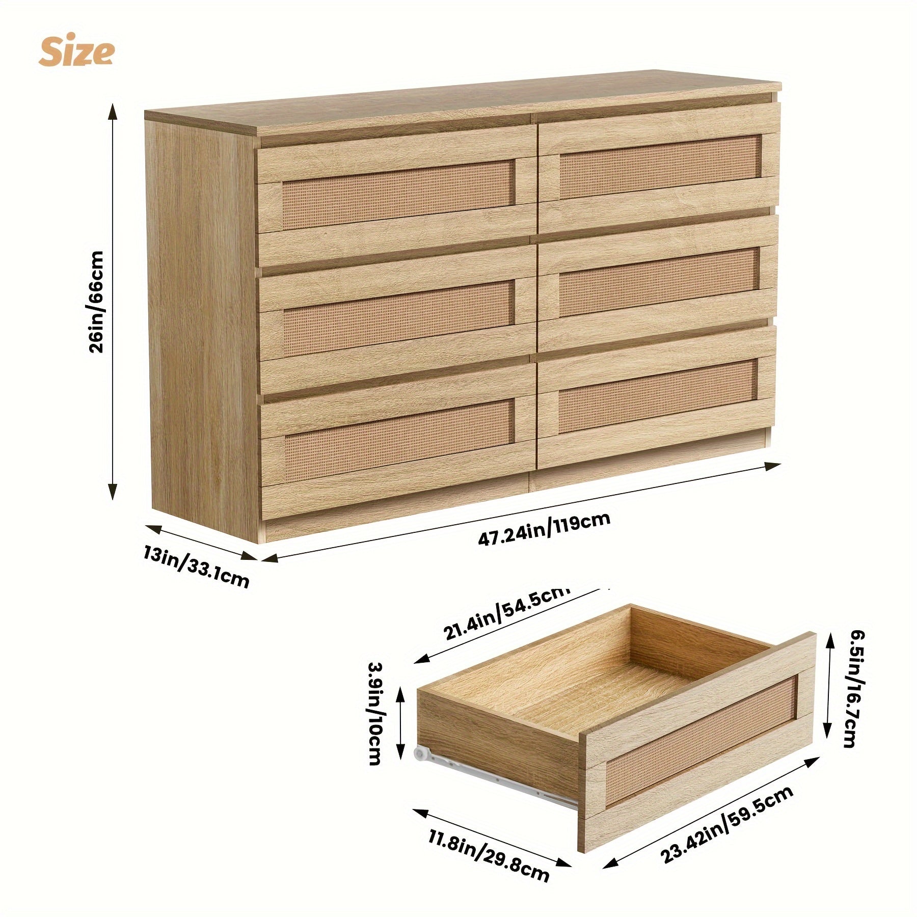 Rattan Dresser For Bedroom, 6 Drawer Dresser For Bedroom, Modern Wide Chest Of Drawers With Anti-Tip Kit & Smooth Slide Rail, Wood Storage Dresser For Bedroom, Hallway, Living Room, Natural