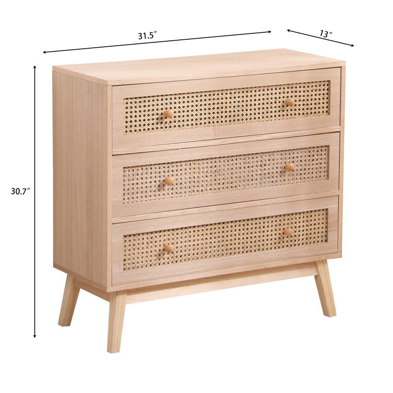 80cm Natural Rattan Storage Cabinet with 3 Drawers, Solid Legs - Breathable Organizer for Bedroom and Living Room Decor