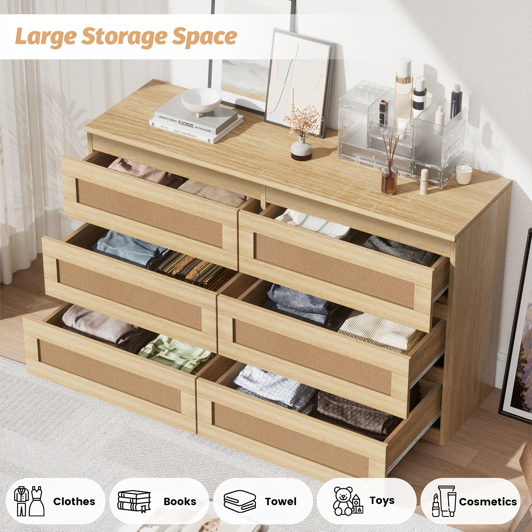 Rattan Dresser For Bedroom, Modern 6 Drawer Double Dresser With Anti-Tip Kit, Wood Storage Wide Chest Of Drawers For Bedroom, Living Room, Hallway, Natural