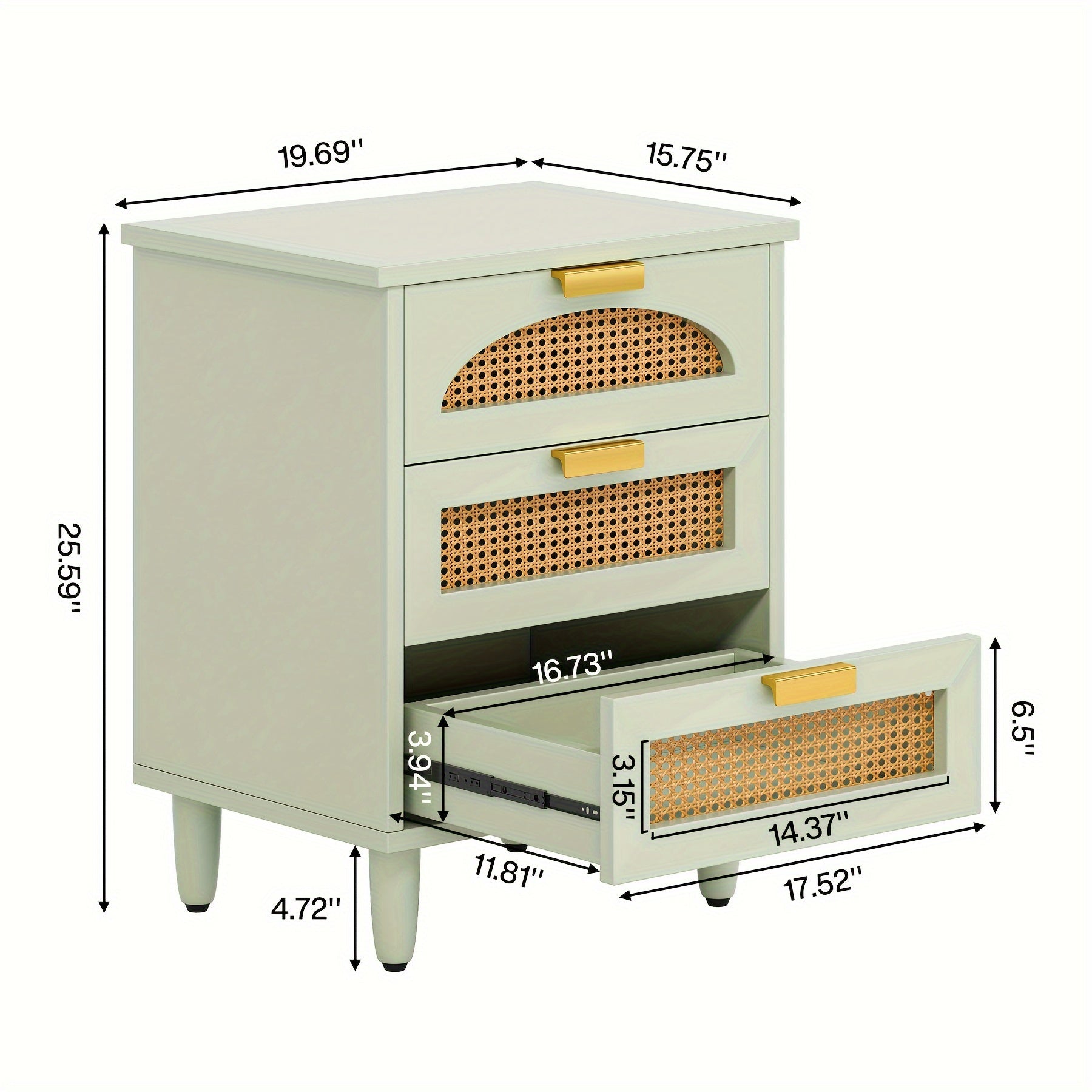 Mint Green 3-Drawer Rattan Nightstand, Bedside End Table, Space-Saving Side Table For Bedroom And Compact Areas, Easy To Assemble Storage Drawer Units