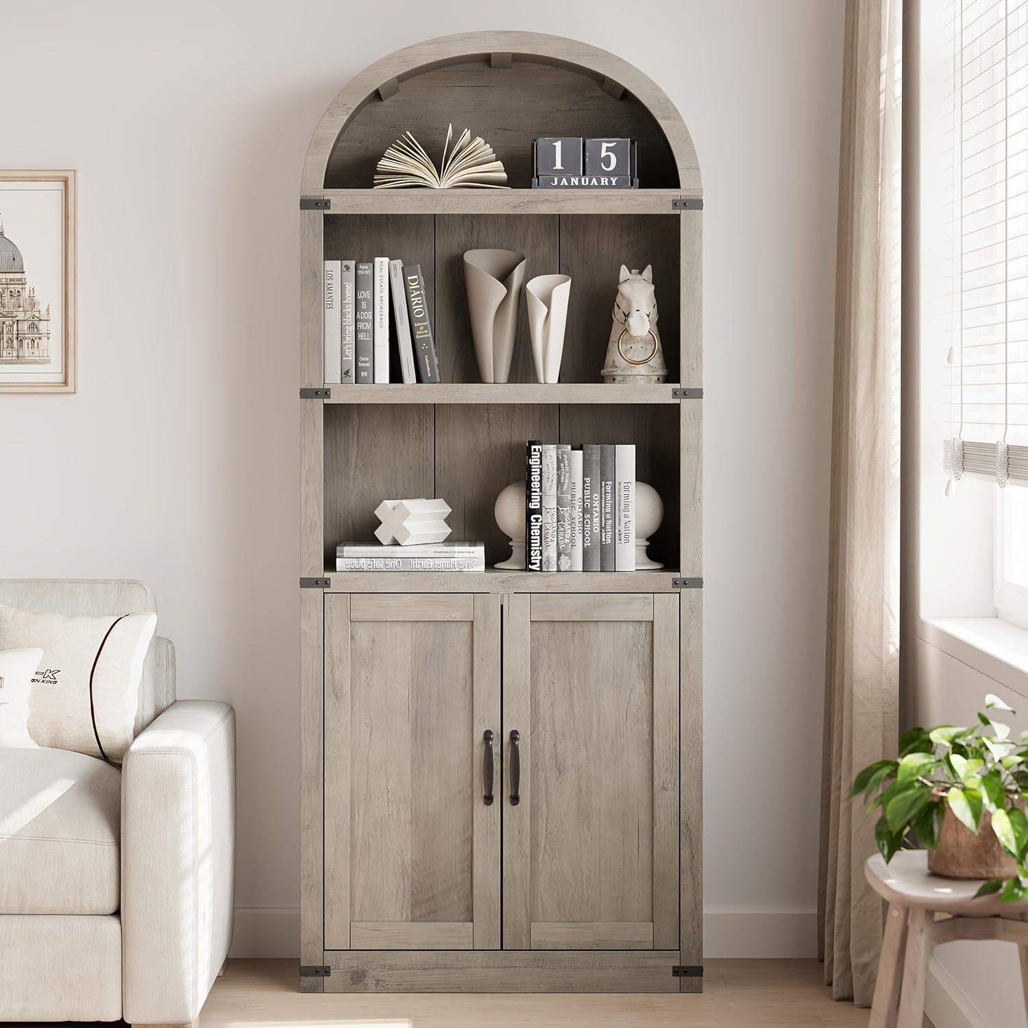 179cm High Bookcase With Doors Bookcase Arched Bookshelf Farmhouse Cabinet With Shelves Bookcase For Home Office, Living Room