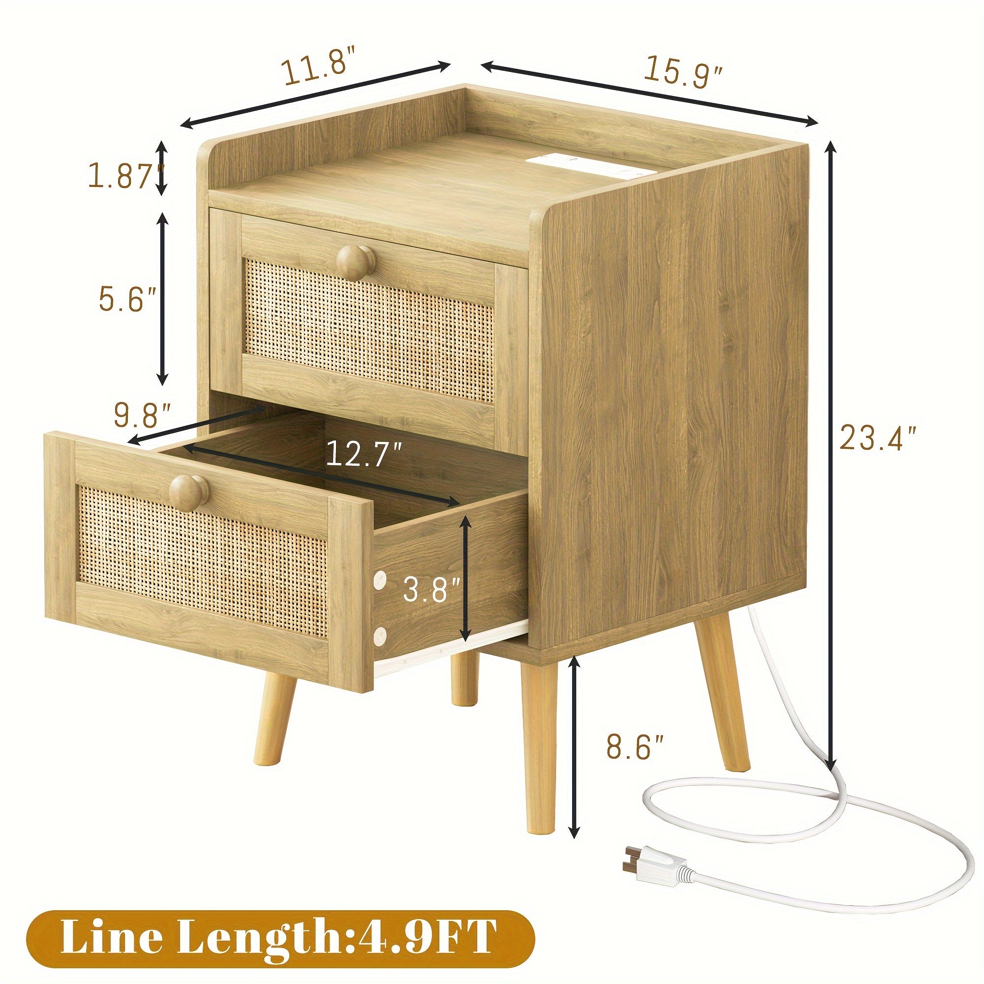 Rattan Nightstand, Bedside Table with Charging Station, Rustic Nightstand with 2 Drawers for Bedroom