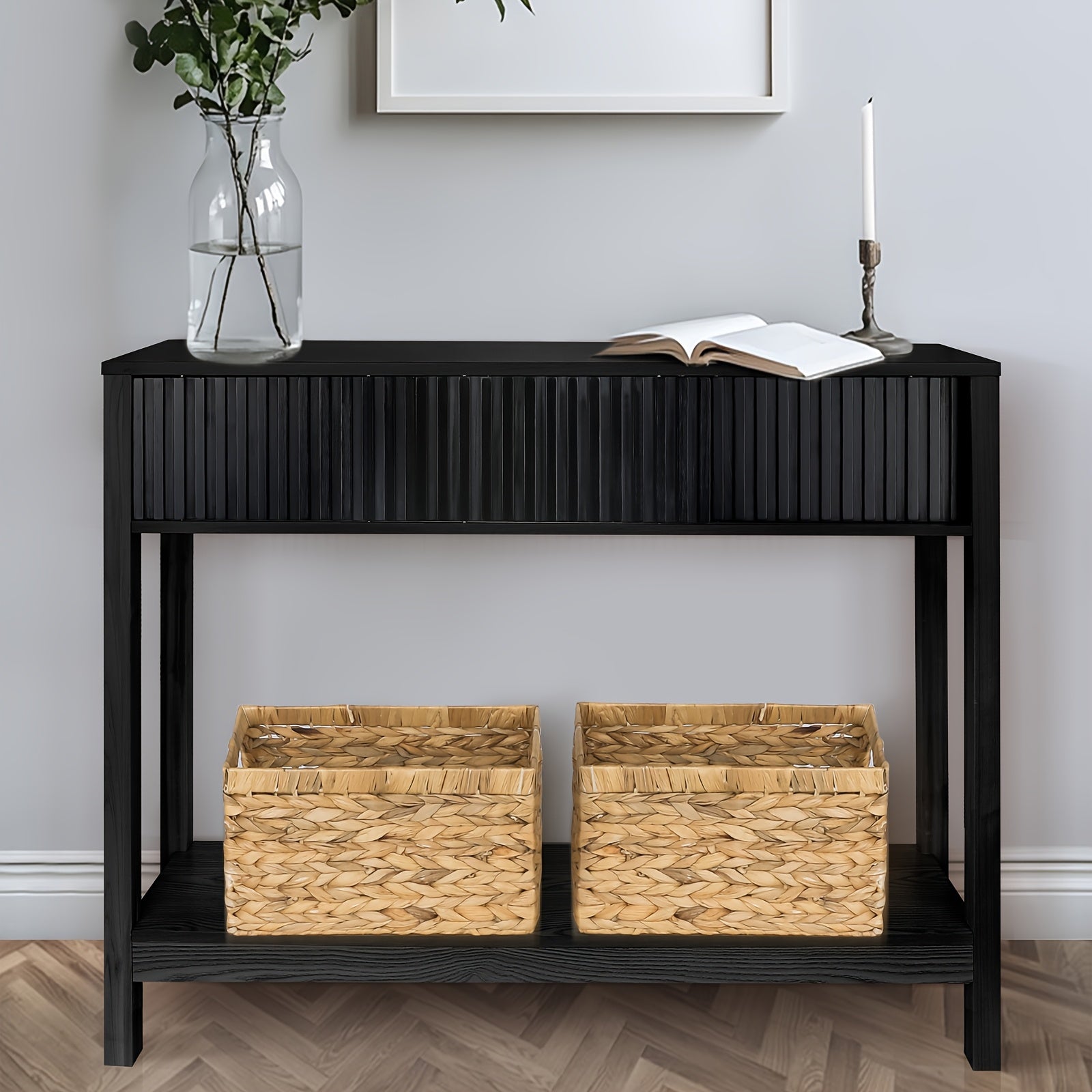 Long Console Table with Storage, Fluted Entryway Table, Slim Sofa Table Behind Couch Entry Table, Narrow Wood Hallway Table, Modern Living Room Couch Table, Black Foyer Entrance Table (in cm)