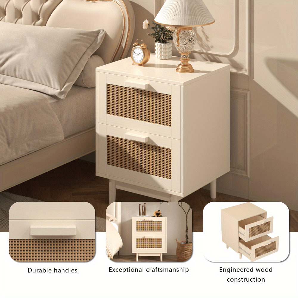 Rattan Nightstand, Wood End Table, Side Table with 2 Faux Rattan-Decorated Drawers, Bedside Table, Wood Accent Table with Storage for Livingroom, Bedroom, Burly wood