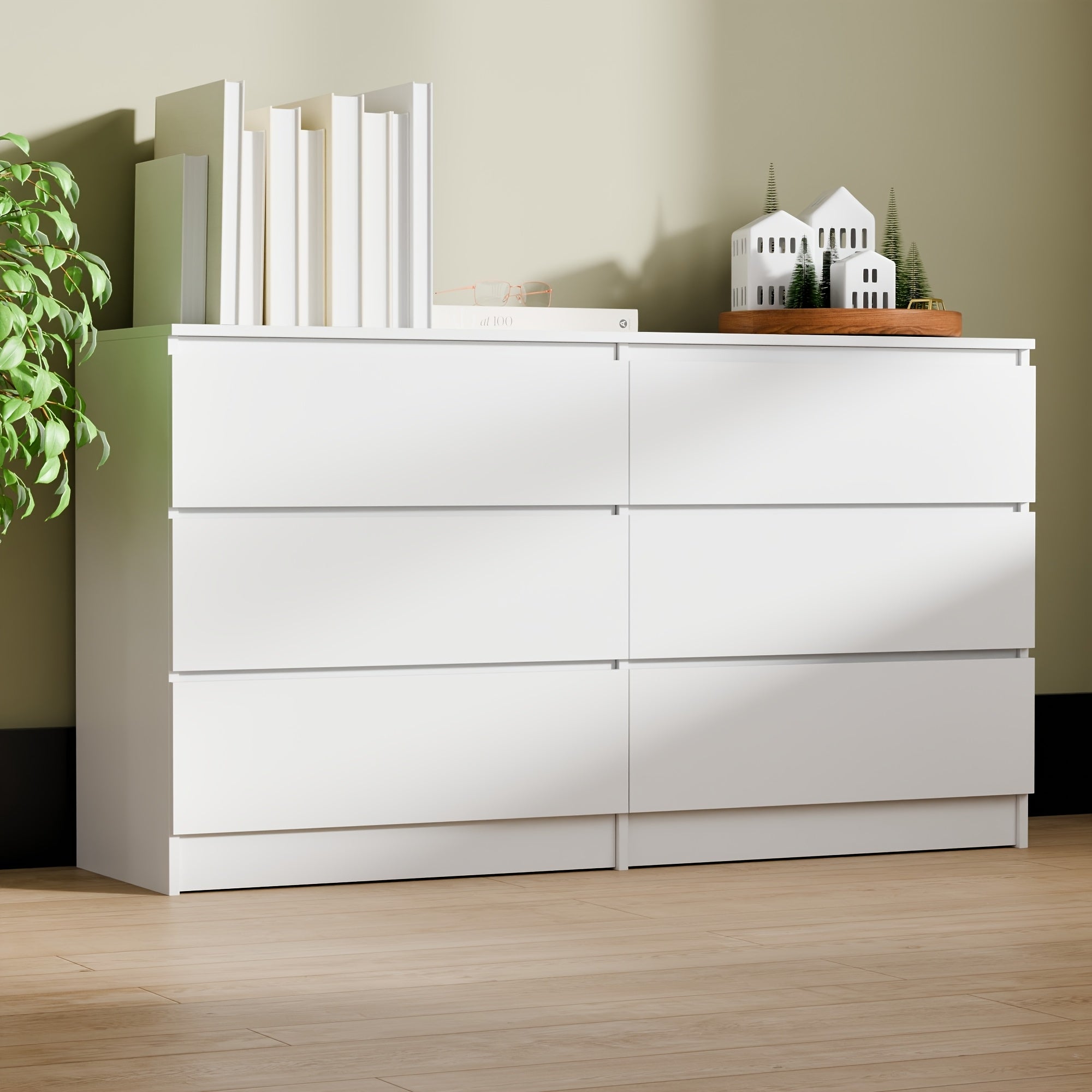 Modern 6-Drawer Wooden Cabinet - Versatile Sideboard, Buffet, Kitchen & Coffee Bar Organizer with Spacious Storage - Easy Clean, Available in White/Black/Oak