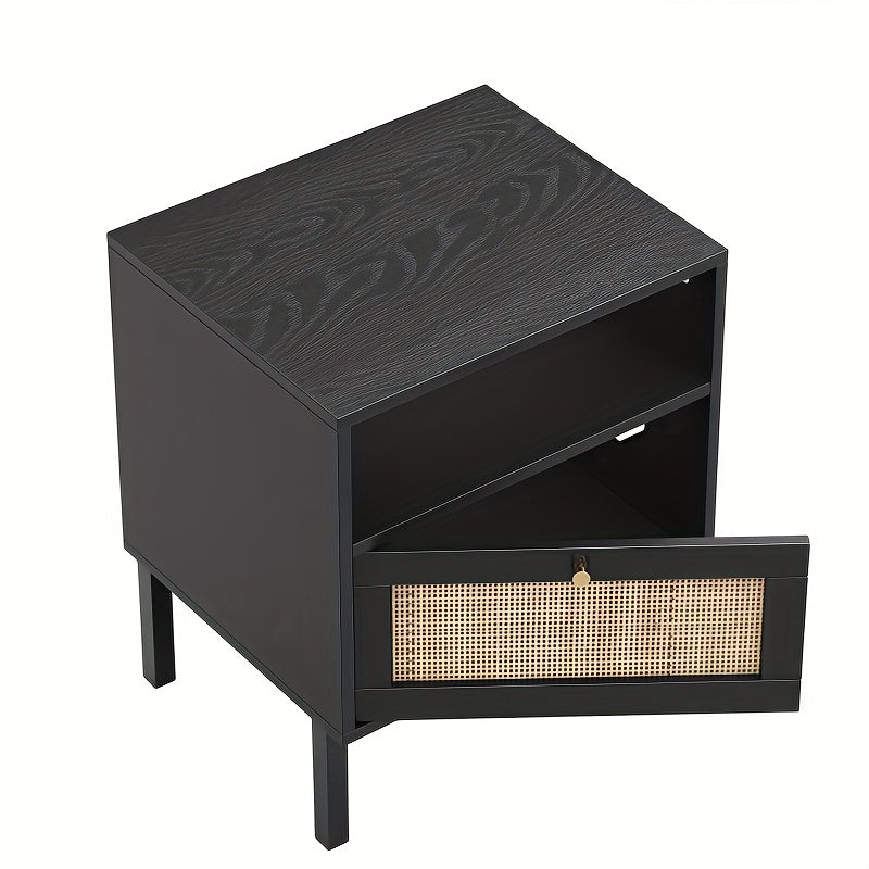 Rattan Single Door Nightstand (Set Of 2) Black, Nightstand With Open Shelves And Doors, Bohemian End Table, Storage Drawer Units