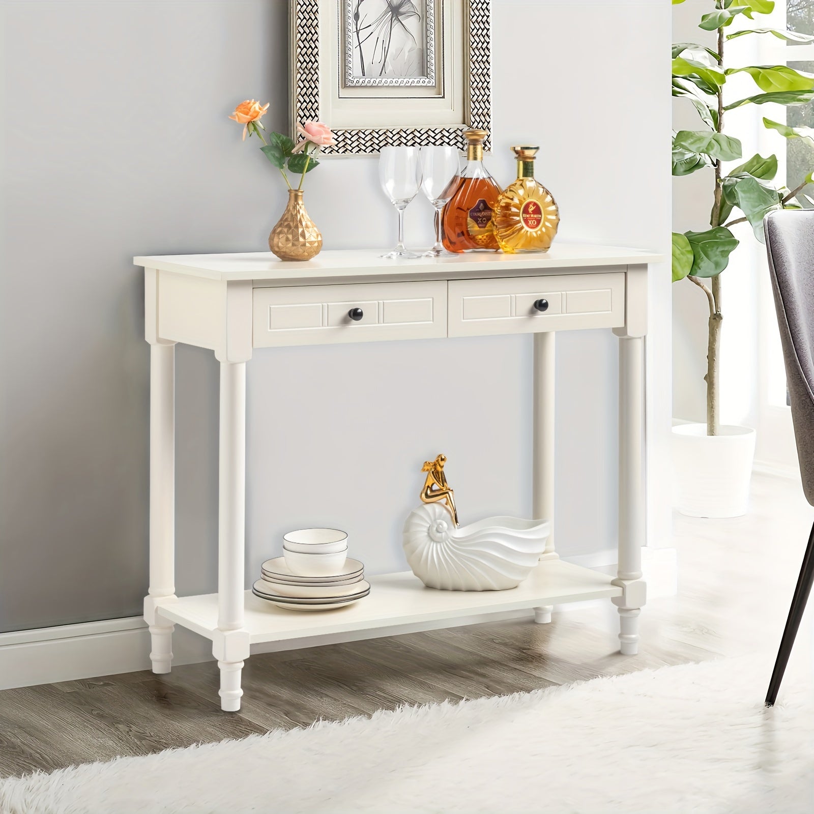 2-Tier Console Table with 2 Drawers, Console Tables for Entryway, Sofa Table with Storage Shelves, Entryway Table Behind Sofa Couch, for Living Room, Kitchen, Cream White (Dimensions in cm)