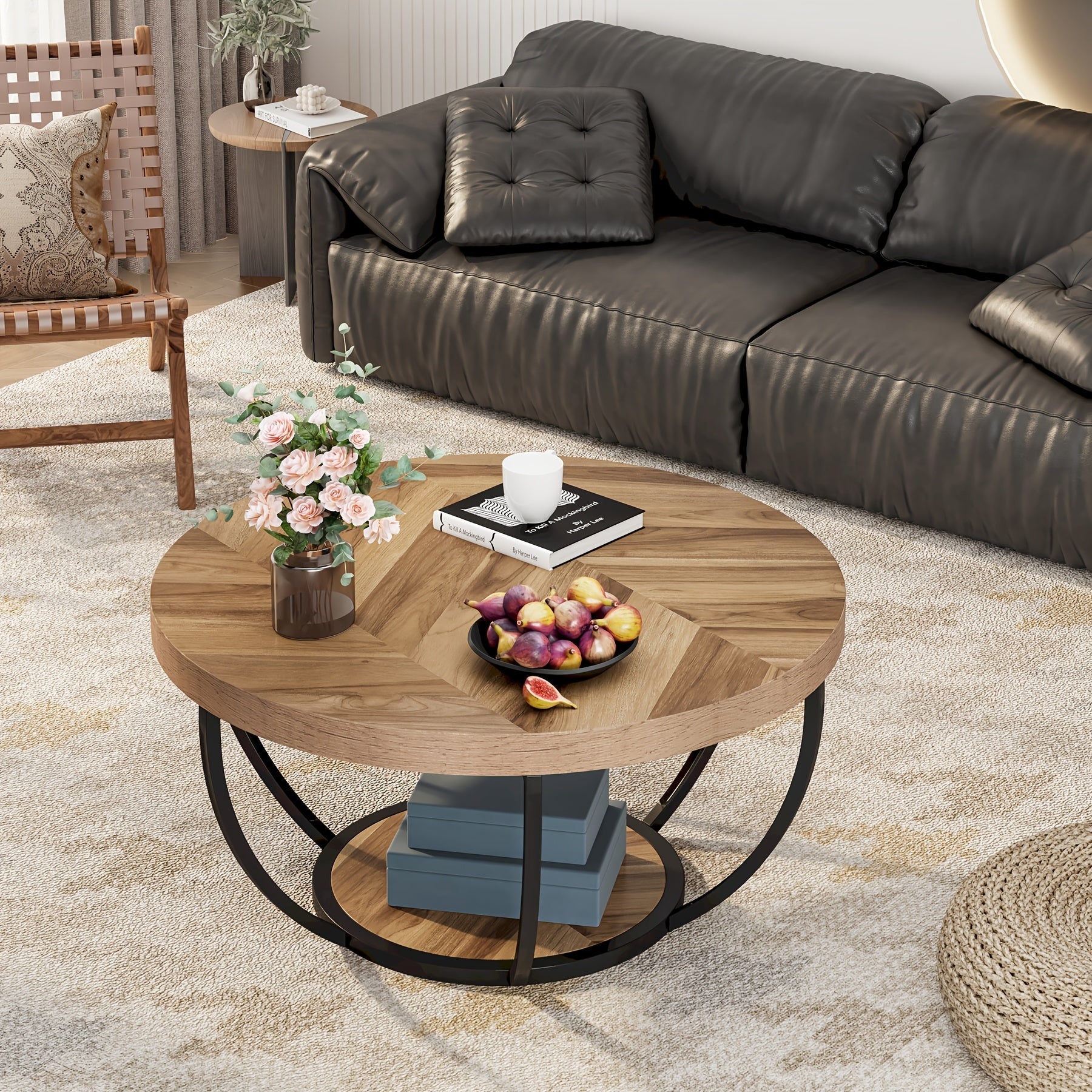 Round Coffee Table, 82cm Circle Coffee Table For Living Room, 2-Tier Wood Accent Center Table With Open Storage Modern Design Home Furniture (Wood Grain And Black)