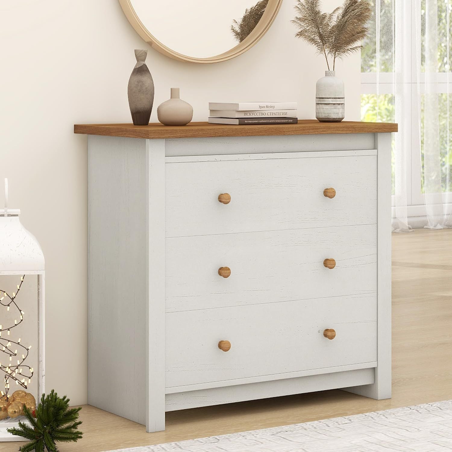 Farmhouse 3 Drawer Dresser for Bedroom, Tall Modern Chest of Drawers, Wood Oak Storage Chest for Bedroom, Hallway, Living Room Closet Dressers Chest, Tall Nightstand, Off White (1)