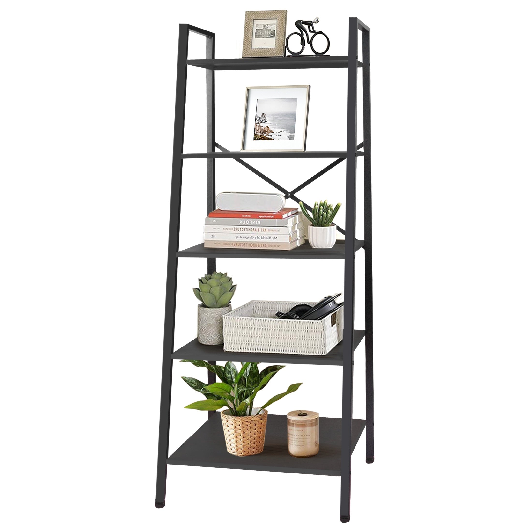 Ladder Shelf 5-Tier, Free Standing Bookshelf With Adjustable Feet, Metal Bookcase For Kitchen, Bathroom, Garage, Small Spaces