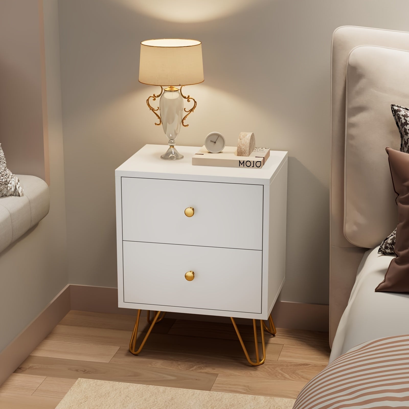 Set of 2 White Nightstands with Golden Metal Legs - Contemporary Double Drawer Bedside Tables, Lockable, 3.2+ Cubic Ft Storage, for Stylish Bedroom & Living Room Decor, Bedroom Decor And Accessories