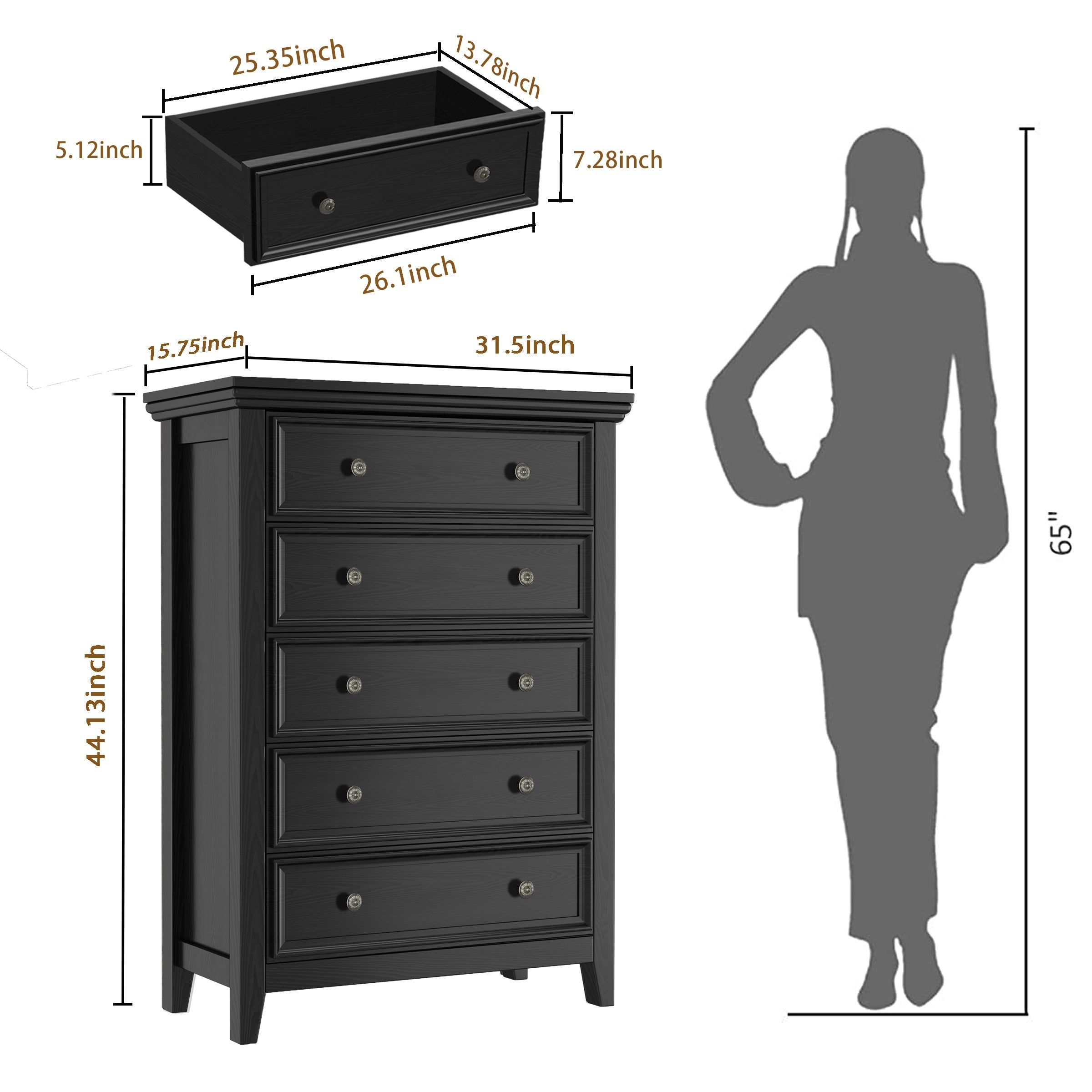 Dresser For Bedroom, Black Dresser, Chest Of Drawers, Black Nightstand, Modern Drawer Dresser Rustic Style Storage Cabinet For Living Room, Home Office