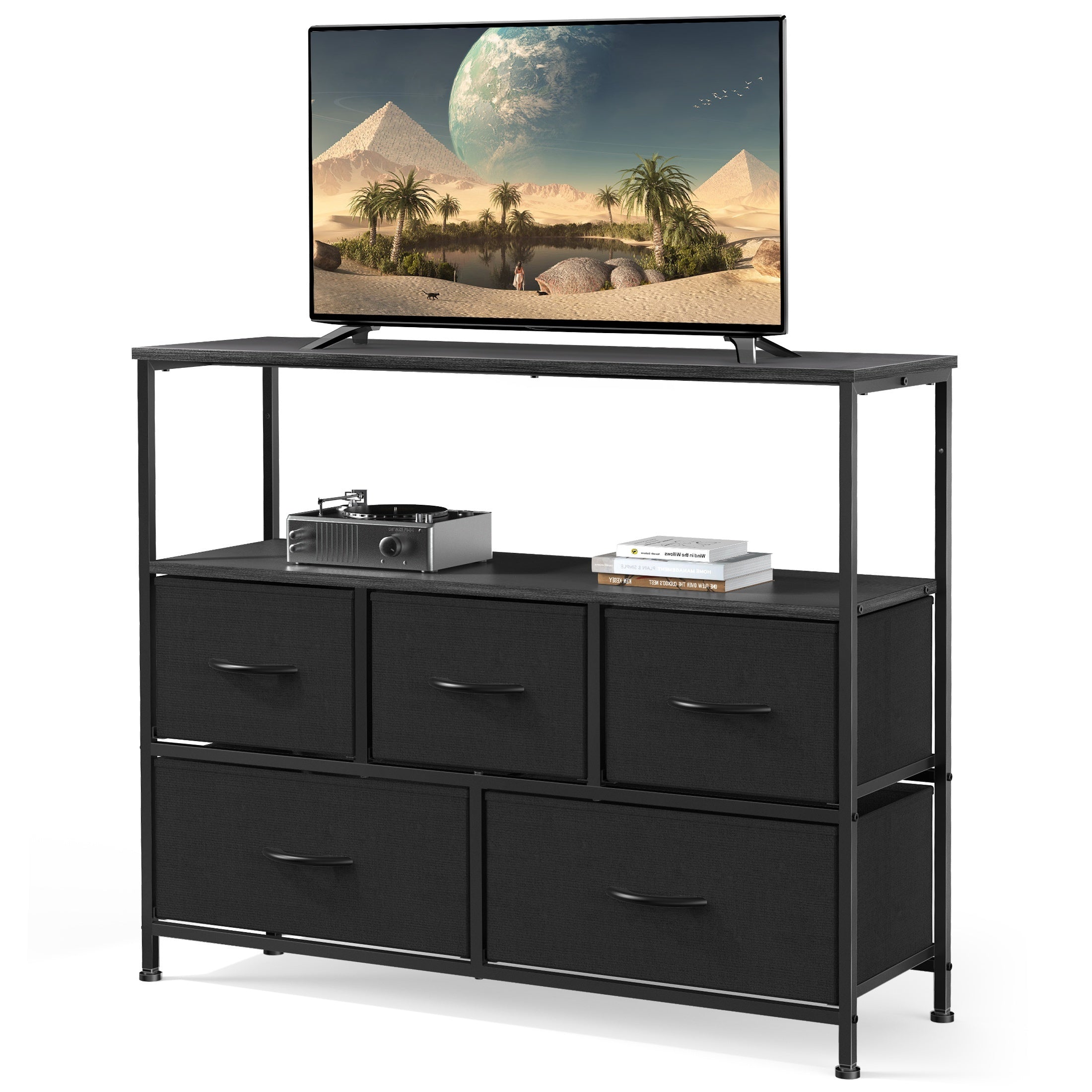 TV Stand Entertainment Center With 5 Fabric Drawer For Bedroom 76cm Tall Dresser With Open Display Media Console Closet Metal Shelf Storage For Living Room Space Saving