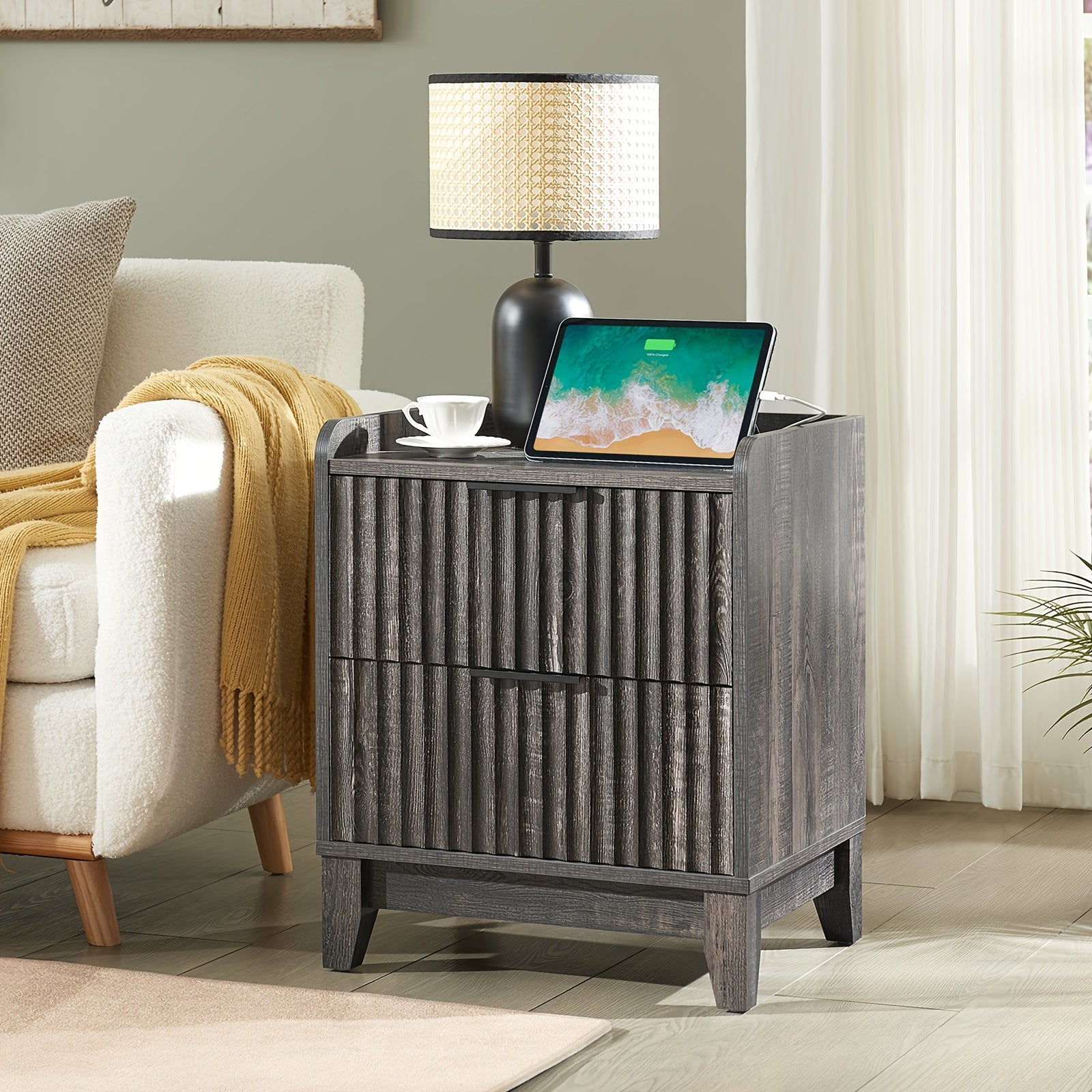 Modern Wood Bedside Table With 2 Drawers And Storage, Farmhouse Fluted Nightstand With Charging Station For Bedroom Or Living Room