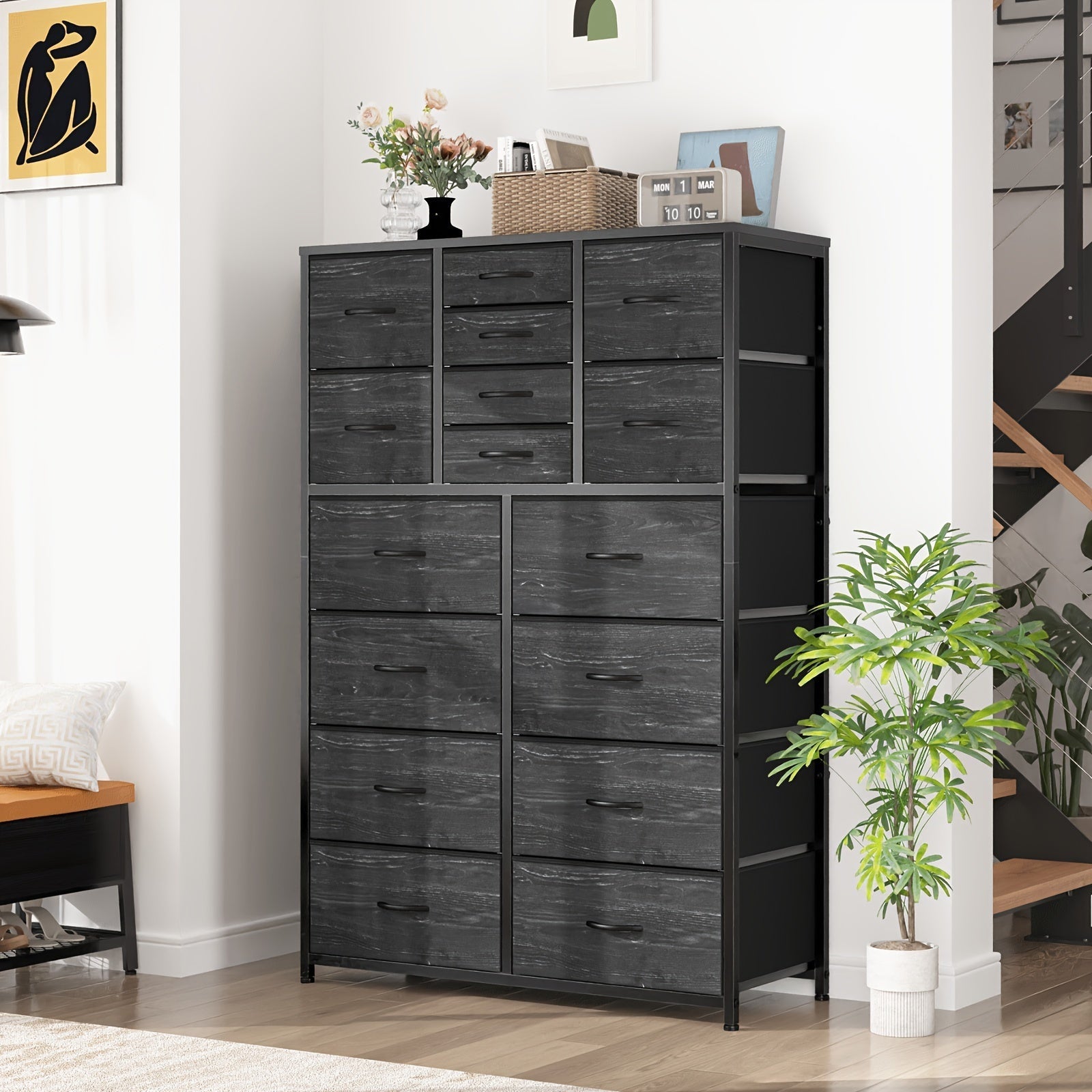 16 Drawers Dresser for Bedroom, Tall Dresser for Bedroom, Bedroom Dressers & Chests of Drawers with Wood Top and Metal Frame, Dresser for Bedroom, Closets, Living Room, Black Wood Grain