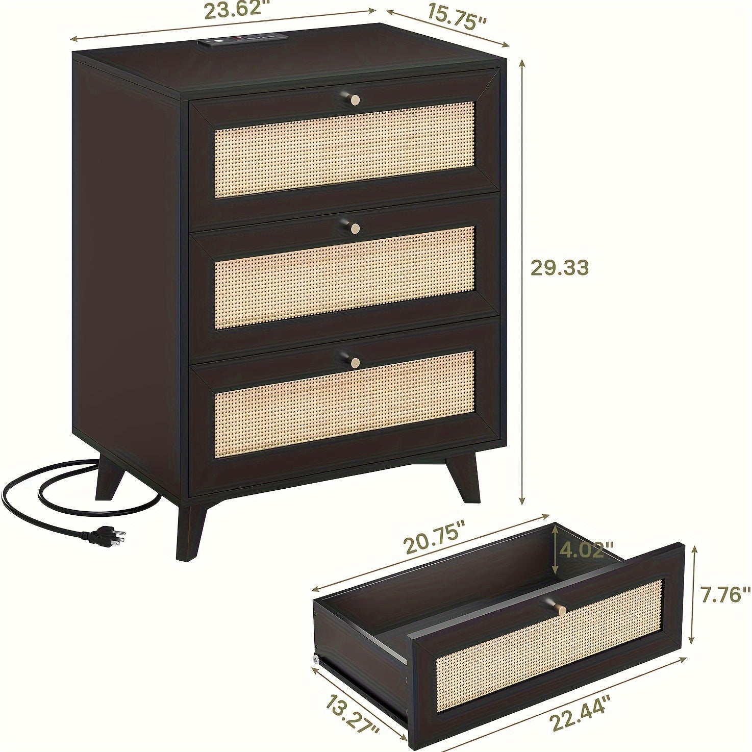 Rattan Nightstand With 3 Drawers Bedside Table With Metal Handle End Side Table For Bedroom