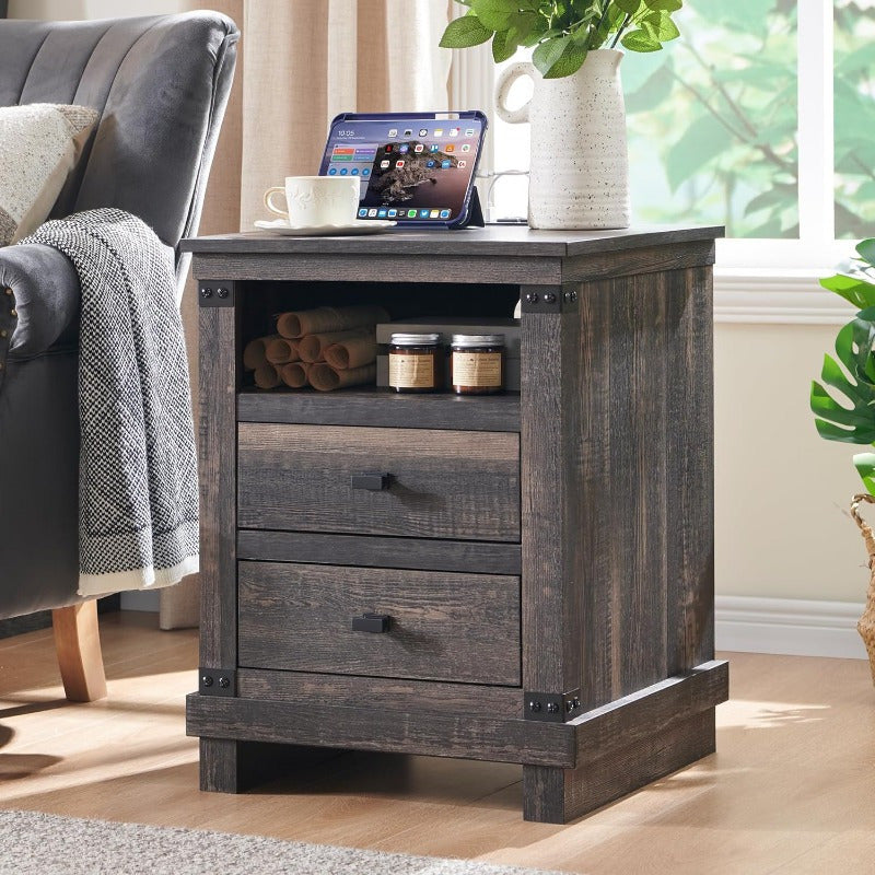 Rustic Farmhouse Nightstand with Charging Station - 18" Wood End Table with 2 Storage Drawers, Ideal for Bedroom & Living Room