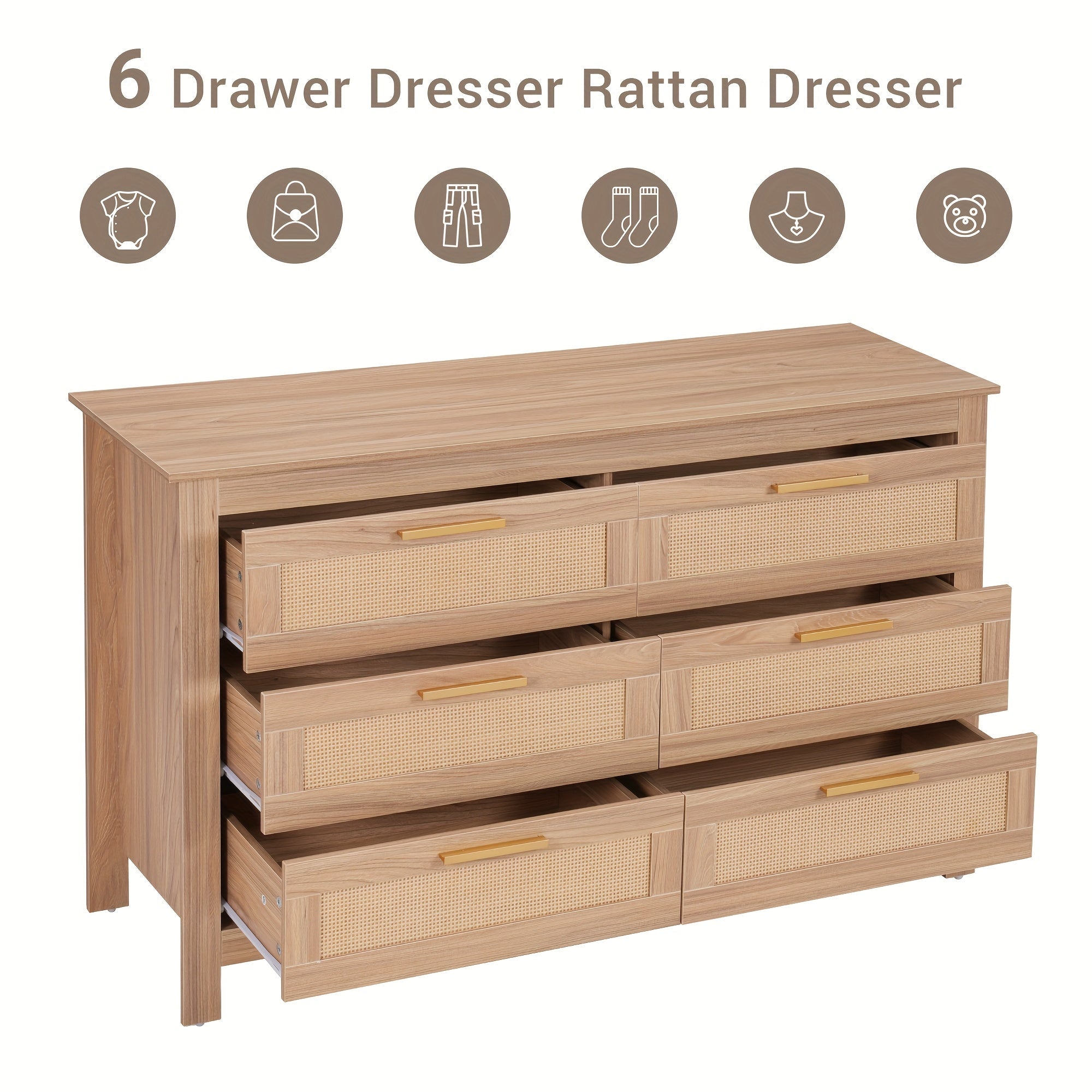 122cm Rattan Dresser Modern 6 Drawer Double Dresser With Handles, Wood Storage Chest Of Drawers For Bedroom, Living Room, Hallway, Also As Beside Tabe, TV Stand (suit For 50"TV), Clothing Organizer/linger