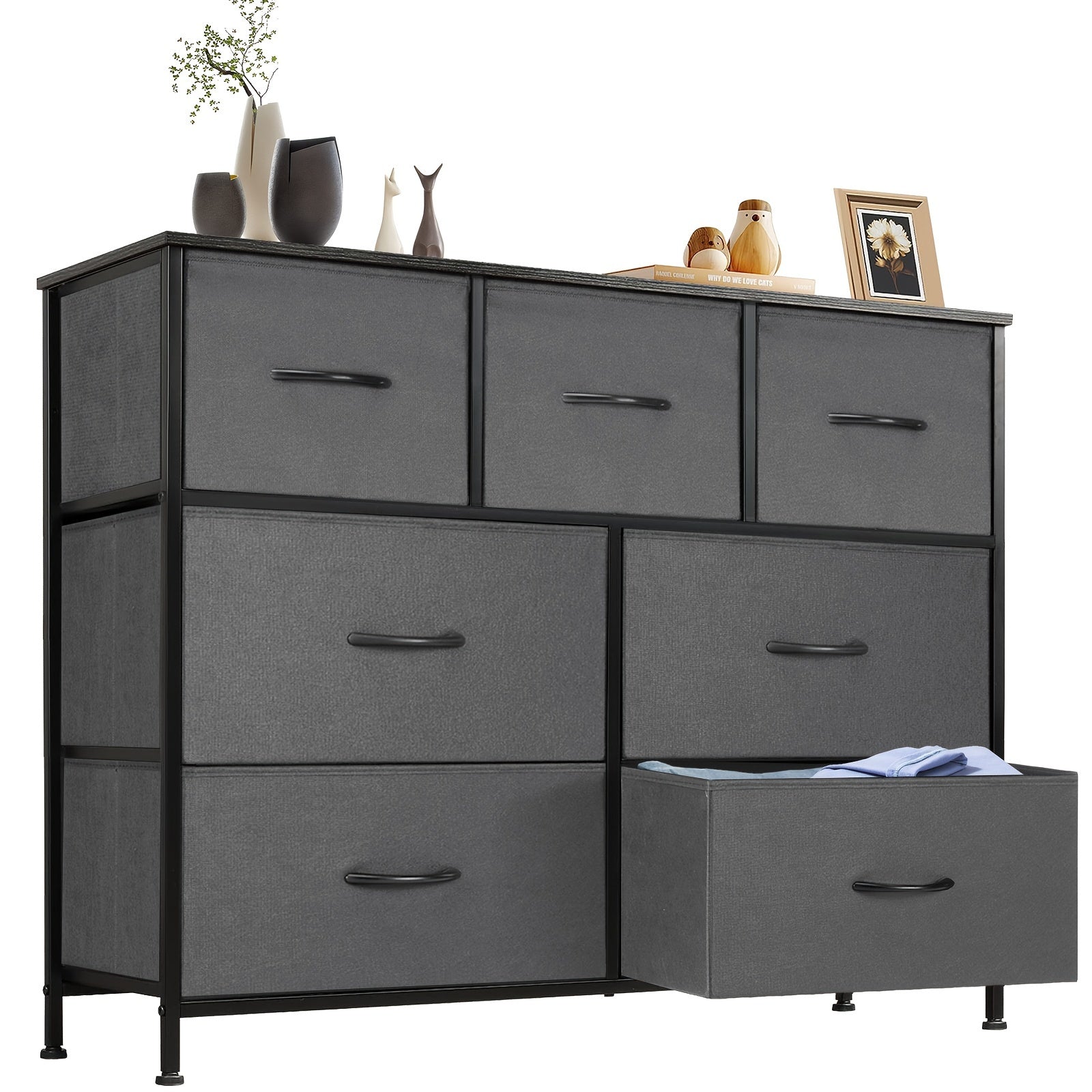 Dresser For Bedroom, Storage Organizer Units Furniture With 7 Drawers, Wooden Top For Nursery, Chest Tower TV Stand With Fabric Bins, Metal Frame, Living Room, Kidsroom, Closet