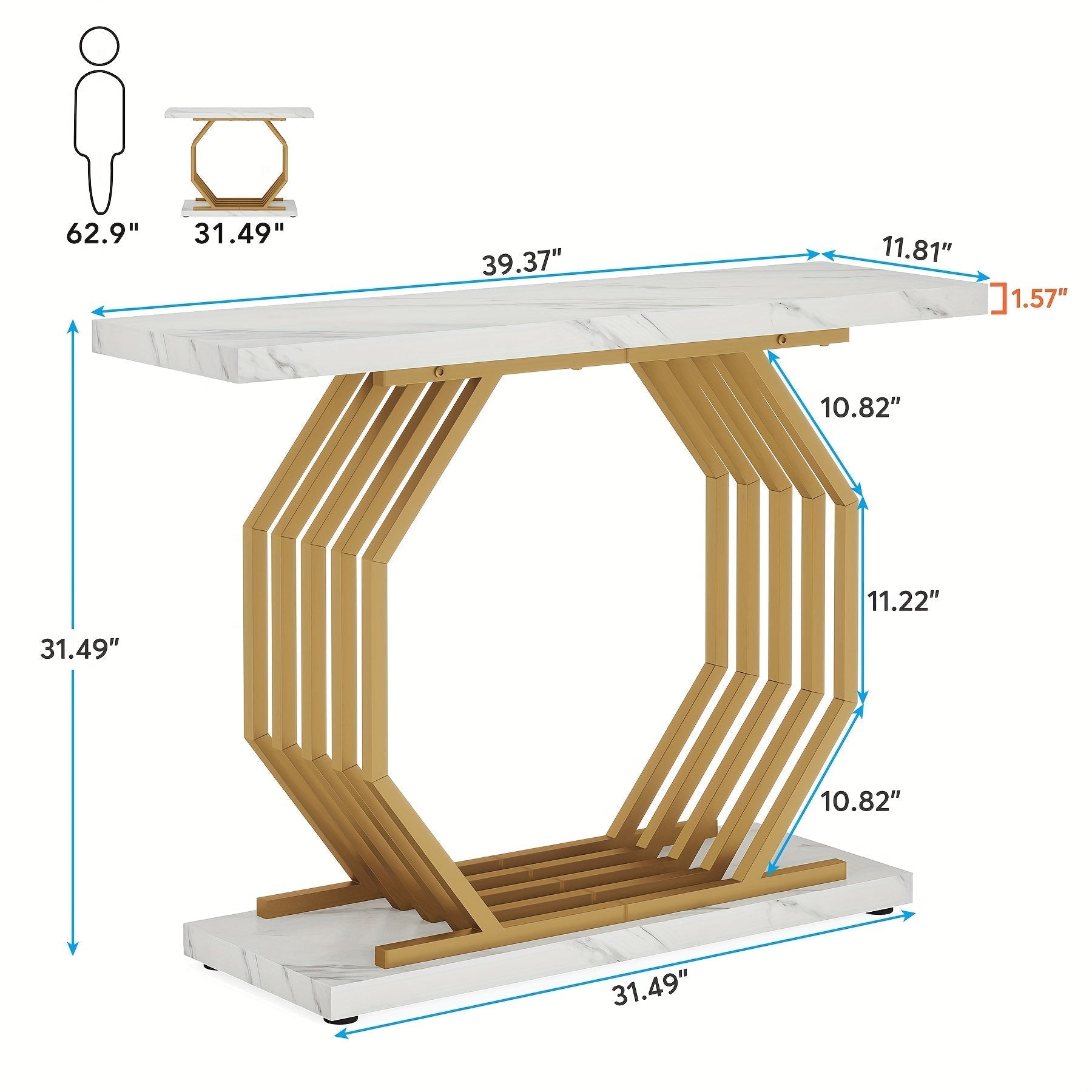 102 cm Modern Console Table, Faux Marble Narrow Sofa Table with Geometric Metal Base, Accent Table for Living Room, Hallway, Foyer, Entryway, Entrance