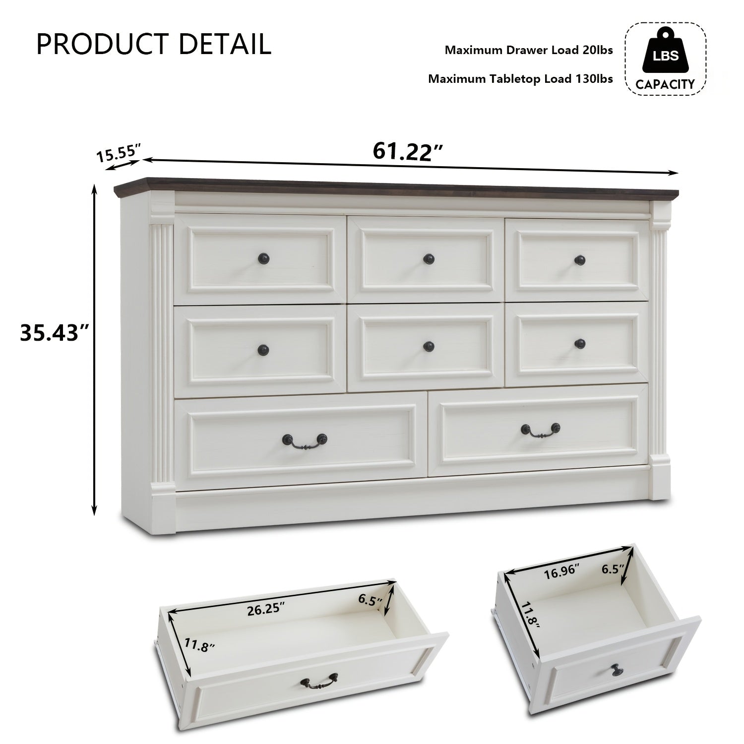 Elegant Farmhouse 155cm Wide White Dresser with Roman Columns - 8 Drawer Organizer, Two Sizes, Ideal for Bedroom & Living Room, Sturdy Hardwood Construction, Dresser for Bedroom