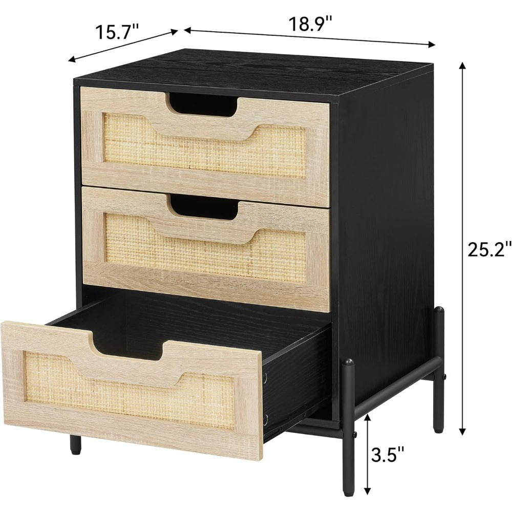 Furniture 63.5cm Black Nightstand with 3 Natural Rattan Drawers - Modern Bohemian Style End Table, Sturdy Metal Frame, Ideal for Bedroom & Living Room Storage, Room Furniture