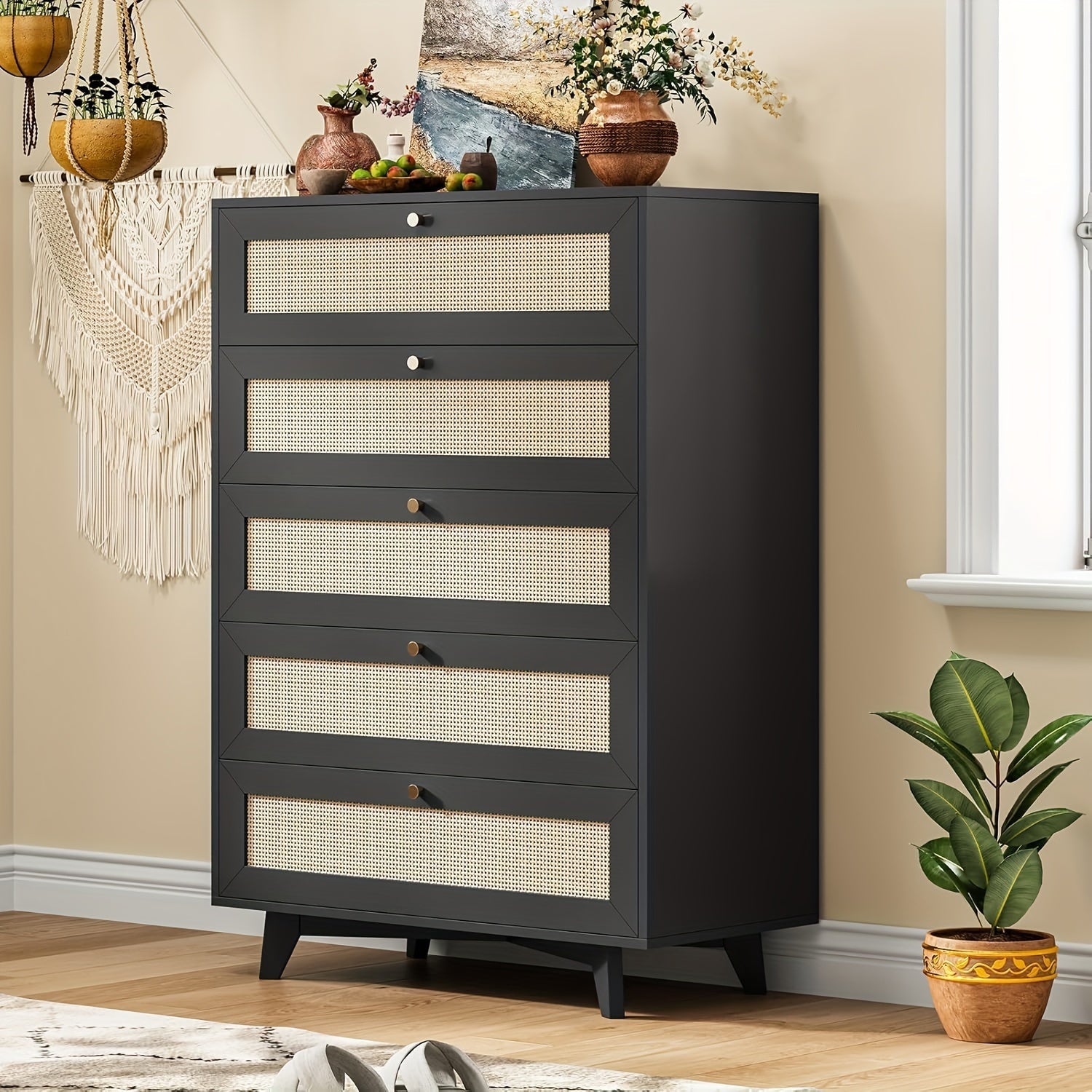 Modern Tall Bedroom Dresser Rattan Dresser For Bedroom With 5 Drawer Chest Of Drawers For Living Room