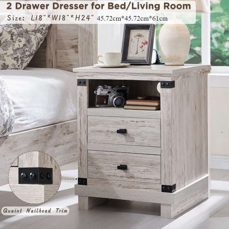 Rustic Farmhouse Nightstand with Charging Station - 18" Wood End Table with 2 Storage Drawers, Ideal for Bedroom & Living Room