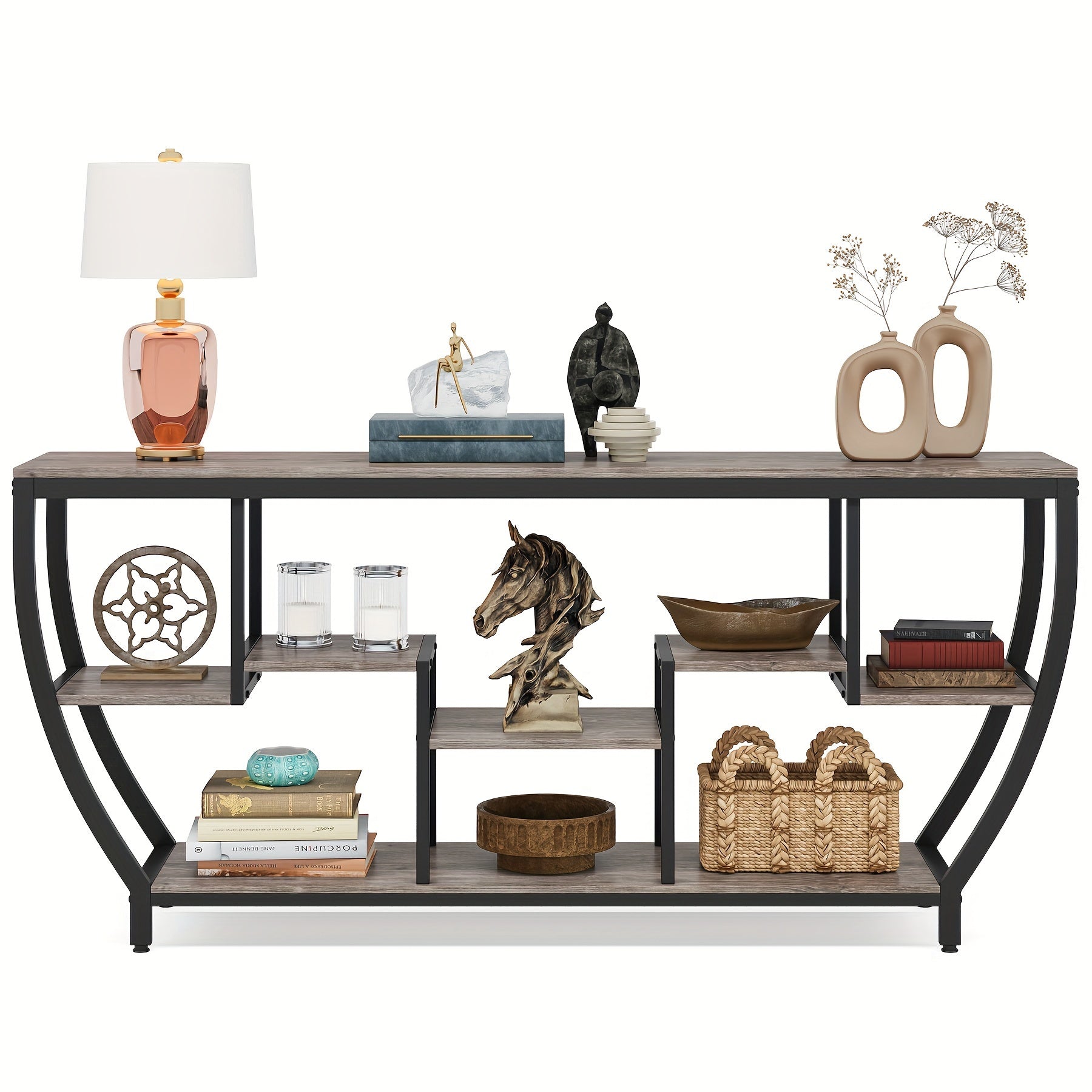 Modern Industrial 180cm TV Console Table with Three Layer Open Storage Shelves for Living Room Dining Room Furniture