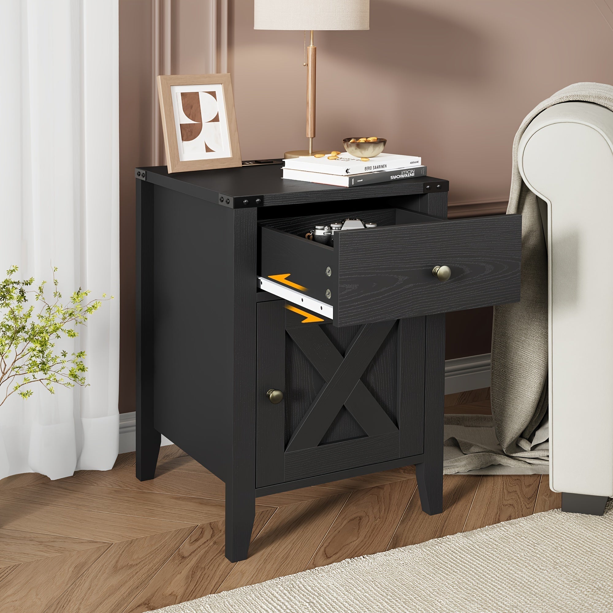 Farmhouse 60cm H Black Nightstand, Bed Side Table With Drawers & Storage Cabinet, End Table (1 PC/ 2 PCS) Black