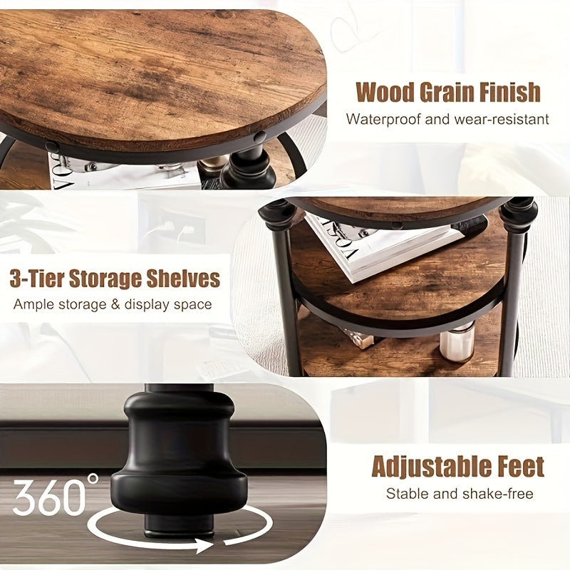 3-Tier Round Side Table, Wood Bed Side Table/ Night Stand with Storage Shelf for Bedroom, Living Room, Rustic Brown