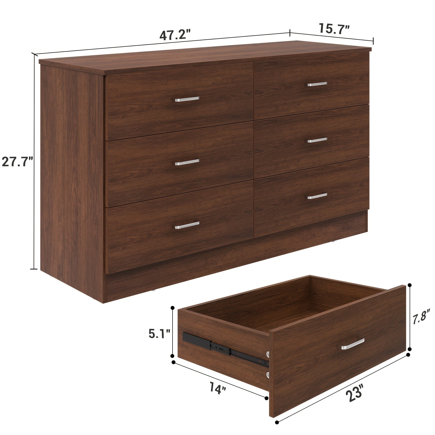 Brown Bedroom Dresser For Bedroom, 6 Drawers Dresser, Large Chest Of Drawers Storage Organizer, Long Dresser TV Stand