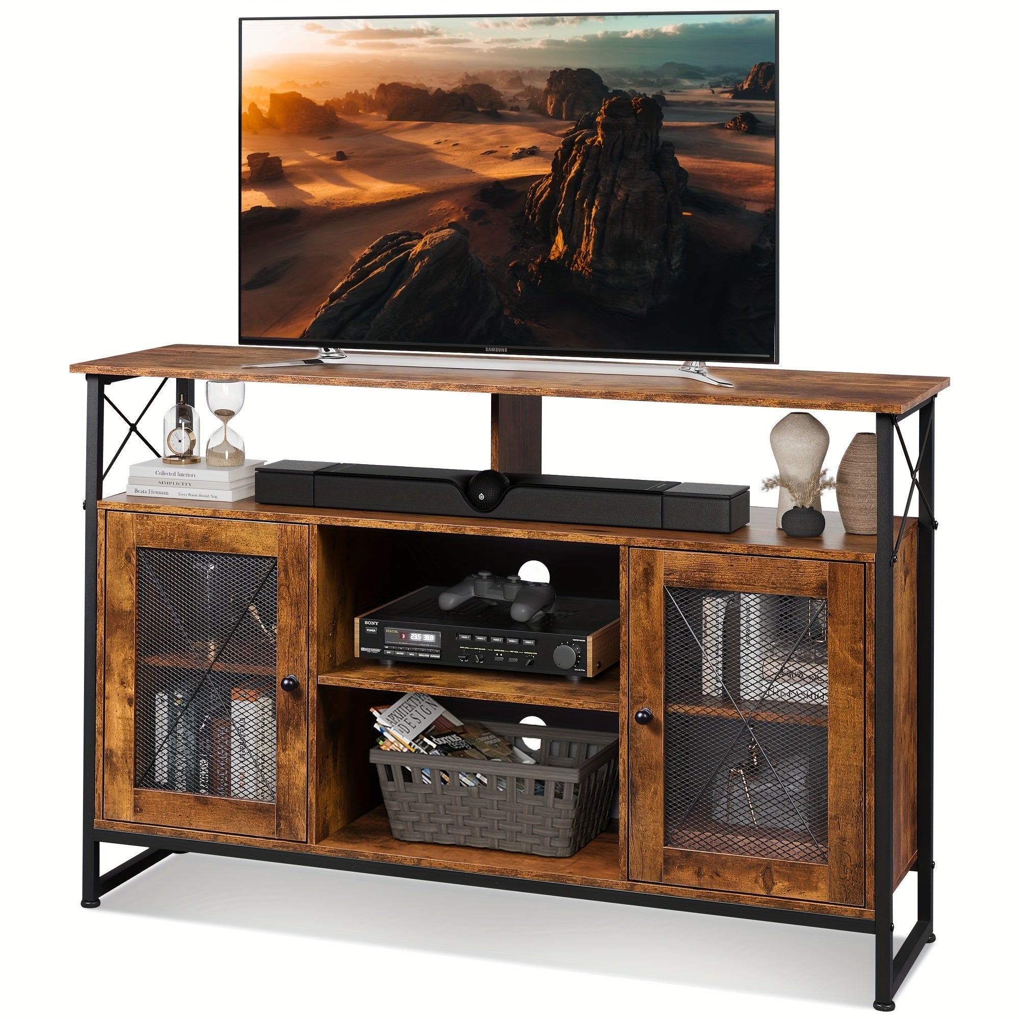 TV Stand 168cm TV, Tall Entertainment Center with Storage, Farmhouse Industrial TV Console for Bedroom Living Room