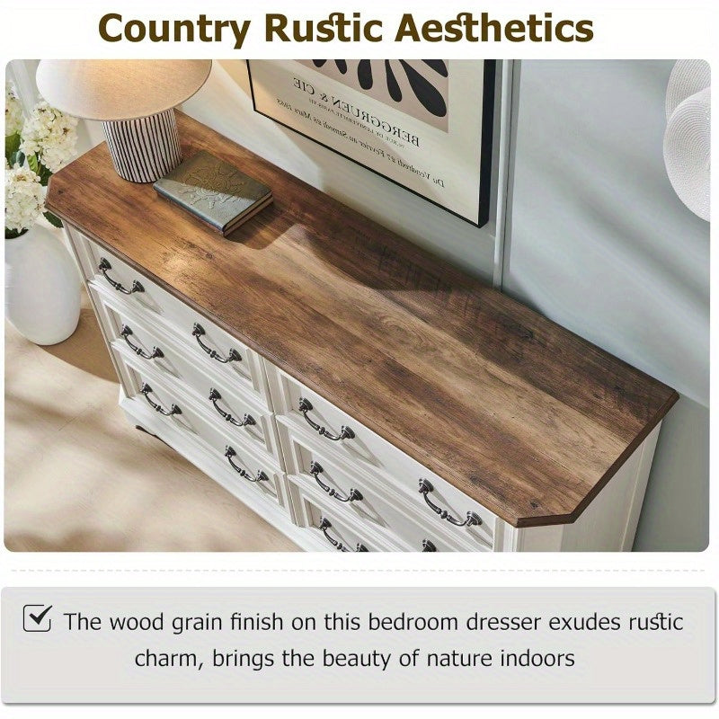 Charming Rustic Farmhouse 6-Drawer Dresser - 54" Wide, Antique White with Natural Wood Grain Finish, Beveled Edges for Safety & Style, Spacious Storage Organizer for Bedroom and Living Room