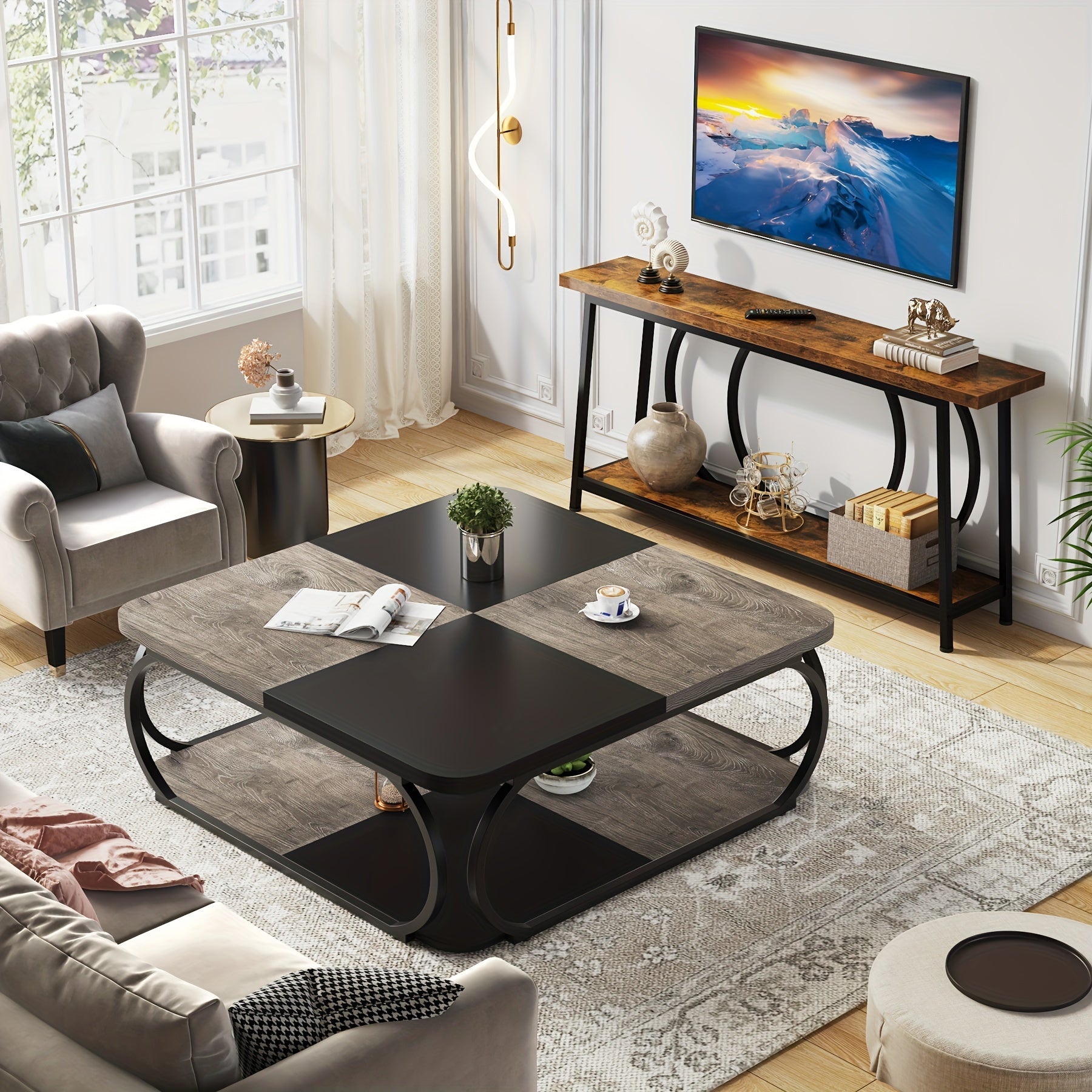 Coffee Table With Open Storage Rack, Wooden Square Coffee Table With Metal Frame In The Center Of The Living Room, As A Gift For Halloween, Christmas