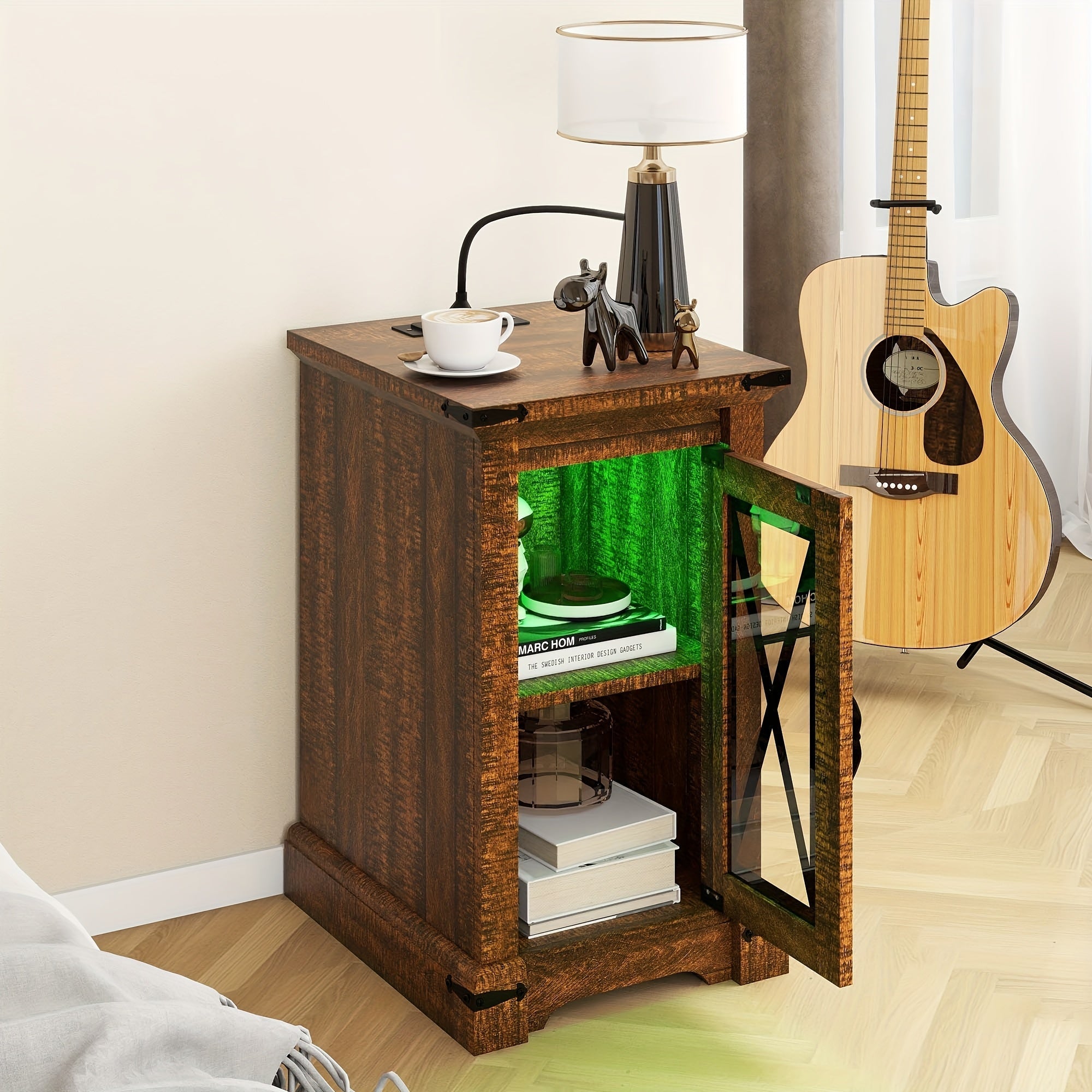 Sturdy Bedside Coffee Table with Charging Capabilities and Elegant Farmhouse Style