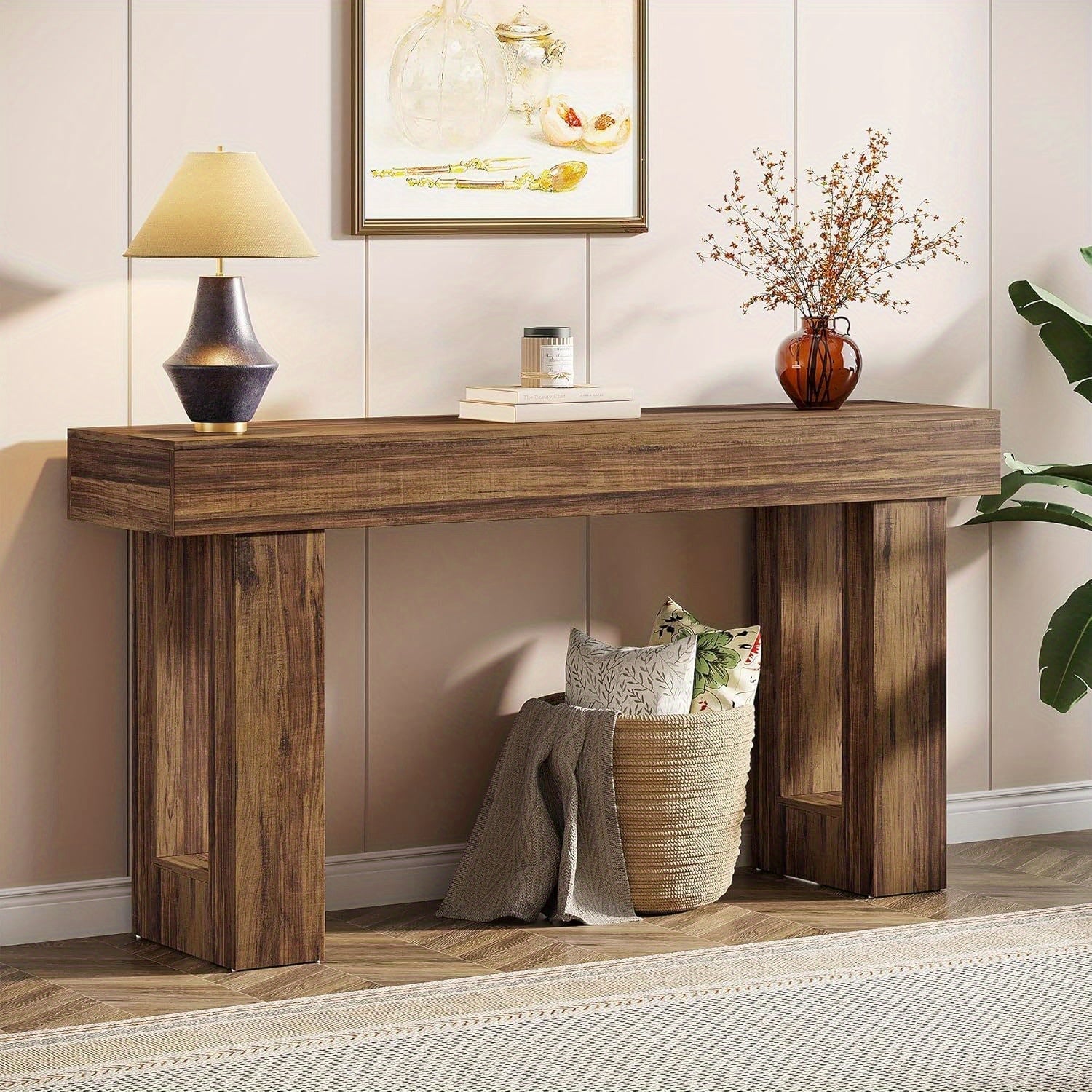 Chic 160 cm Long Wooden Console Table with Open Storage Space - Contemporary Farmhouse Style, Sturdy Hardwood Construction, Ideal for Entryway, Hallway, Living Room - Features Perfectly Aligned Top & Base Width