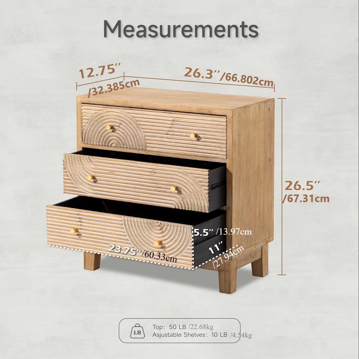 3-Drawer Farmhouse Dresser with Handicraft Wood Ring Motif, Fully Assembled Nightstand Wooden Finish for Boho, Mid-Century, Natural Wood, Rustic Style