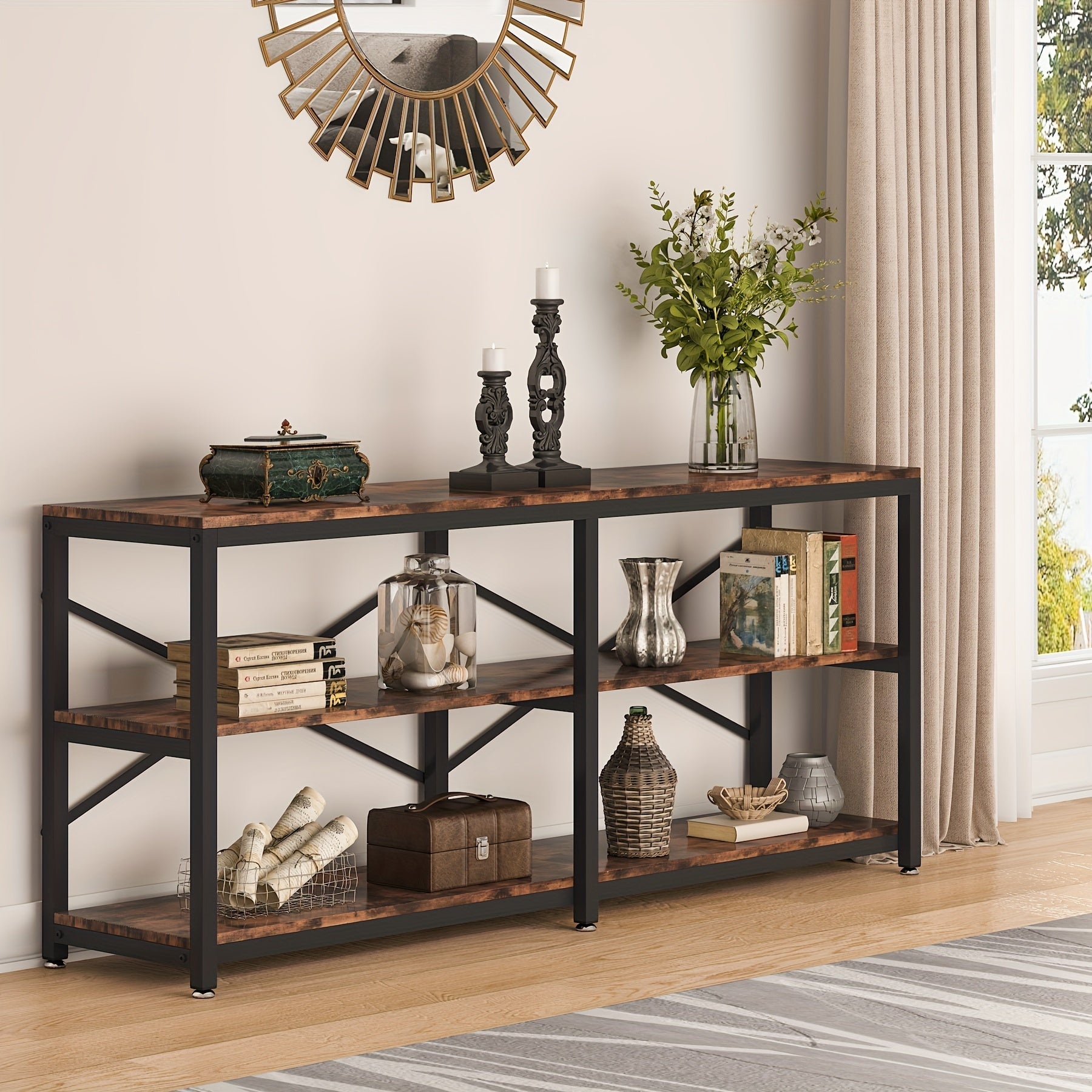 Industrial 180 cm Sofa Table With Storage Shelves: This Modern Console Table Features A Three-tier Design For Storage And Display, Perfect As A Behind-Couch Table, Entryway Table, Or Three-Shelf Bookshelf In Your Living Room