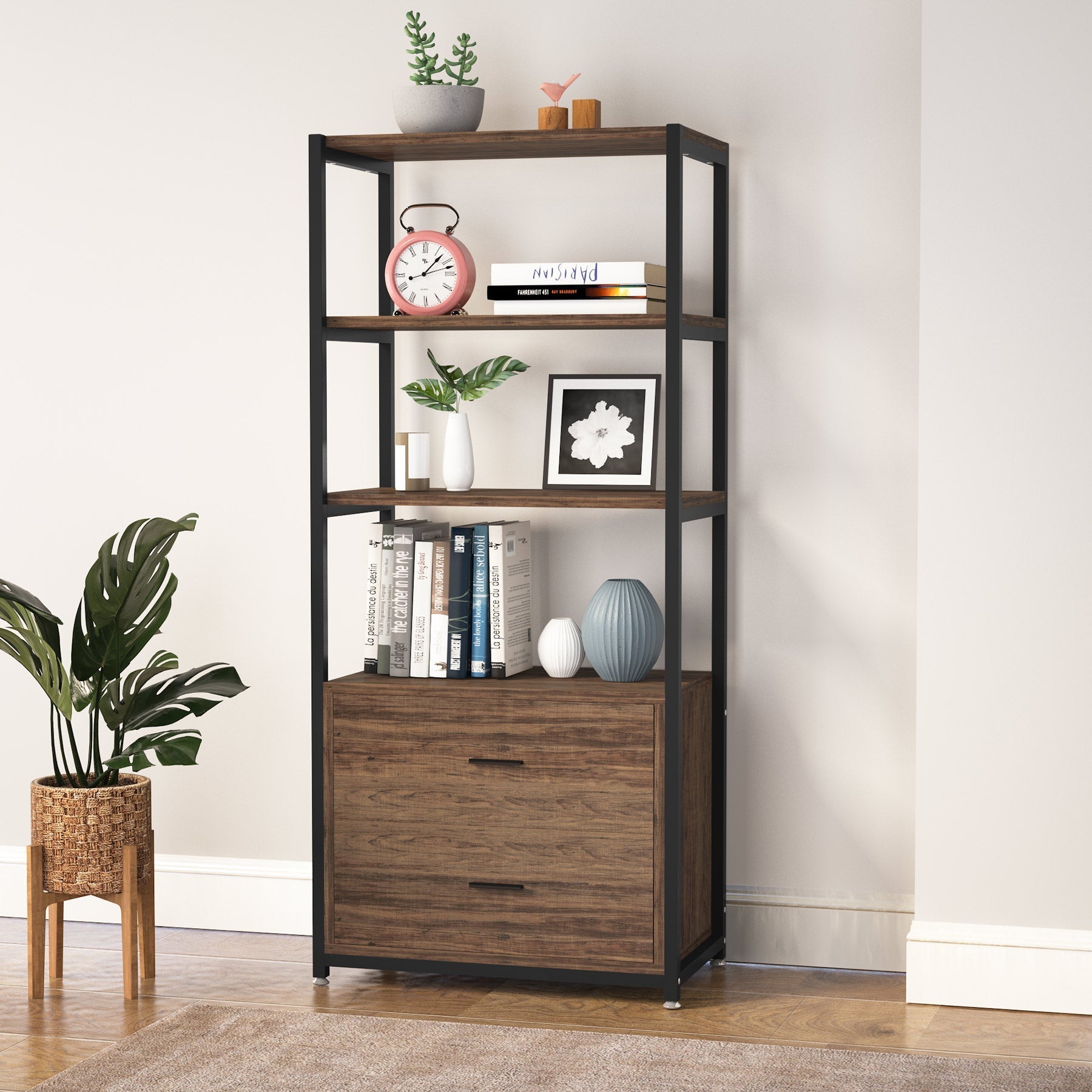 2-Drawer Bookshelf Etagere Bookcase with Open Shelves (cm)