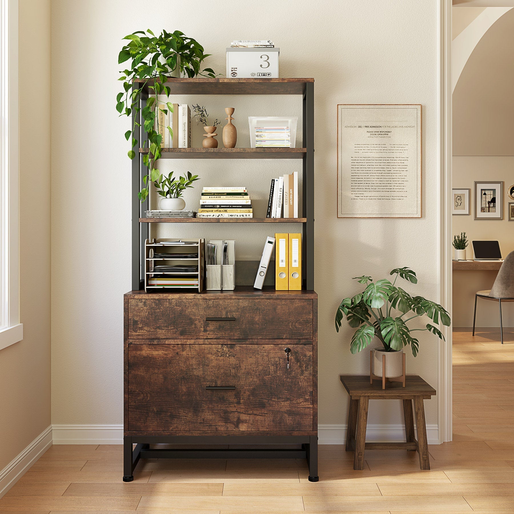 2-Drawer File Cabinet, Vertical Filing Cabinet with Lock & Bookshelf (Converted to cm)